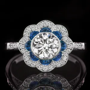 0.91ct CERTIFIED E SI1 DIAMOND SAPPHIRE COCKTAIL RING VINTAGE STYLE FLORAL ROUND