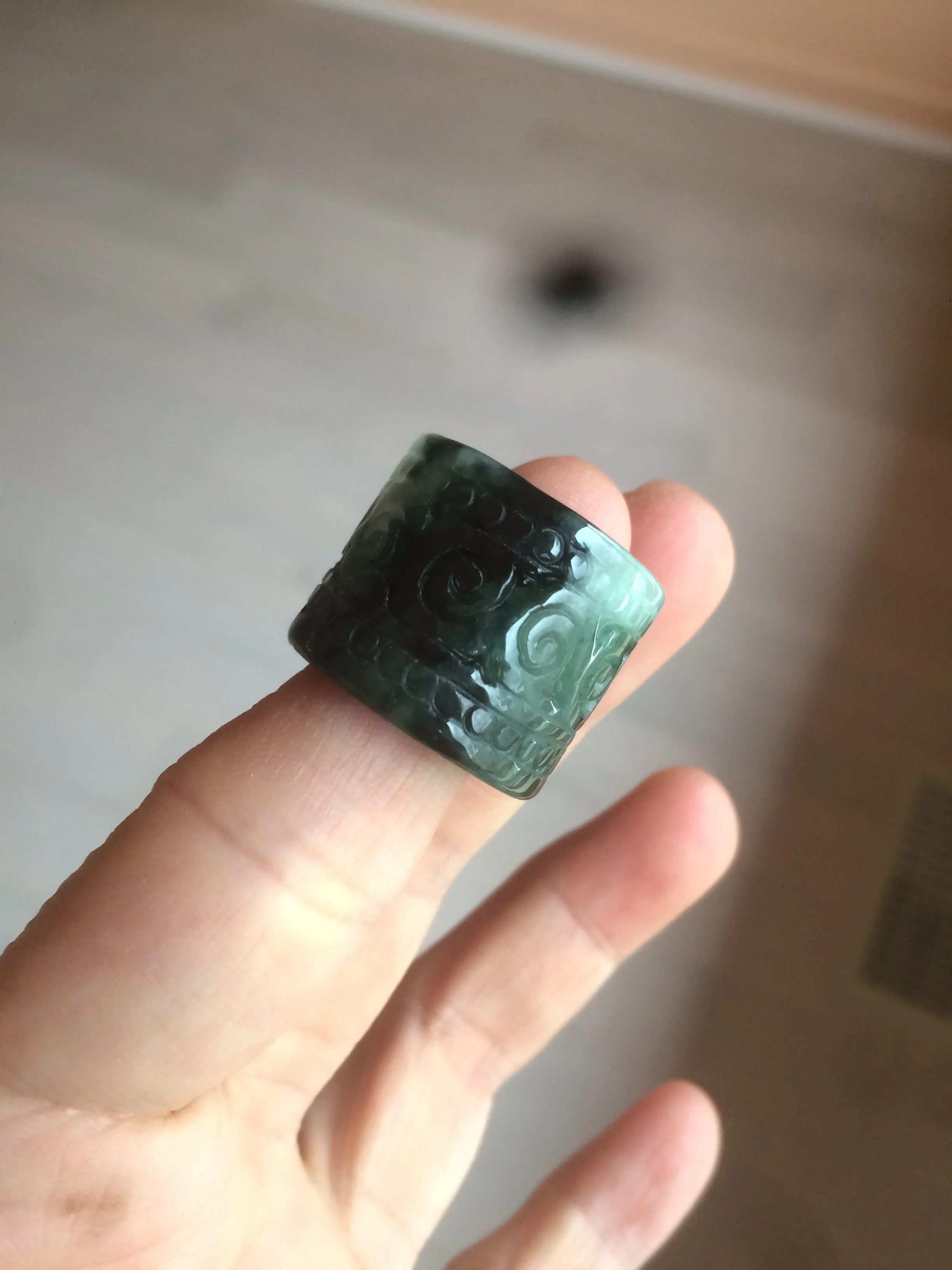 100% Natural type A craved ancient Chinese characters jadeite jade broad ring AS80