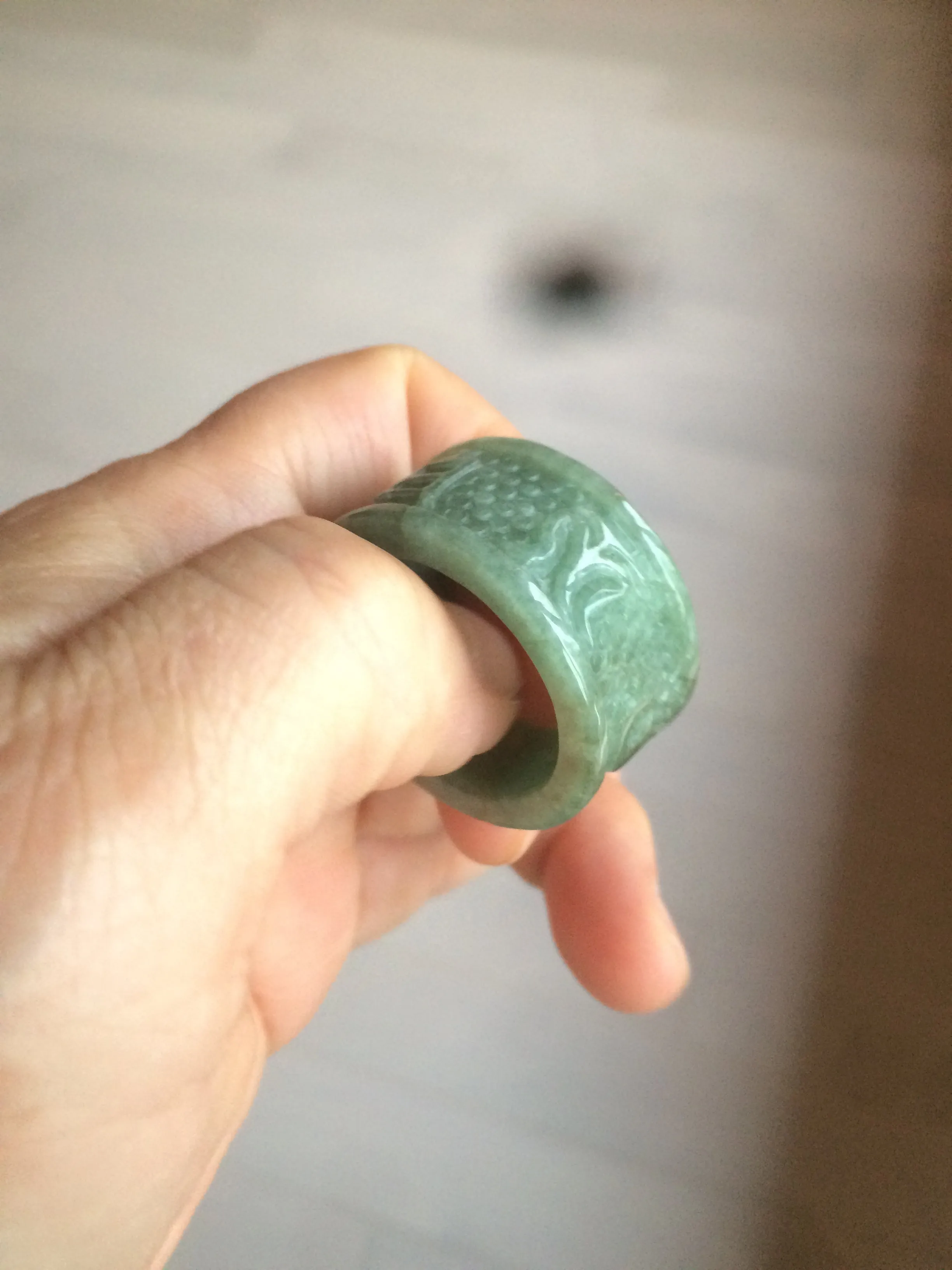 100% Natural type A craved ancient Chinese characters jadeite jade broad ring AS80