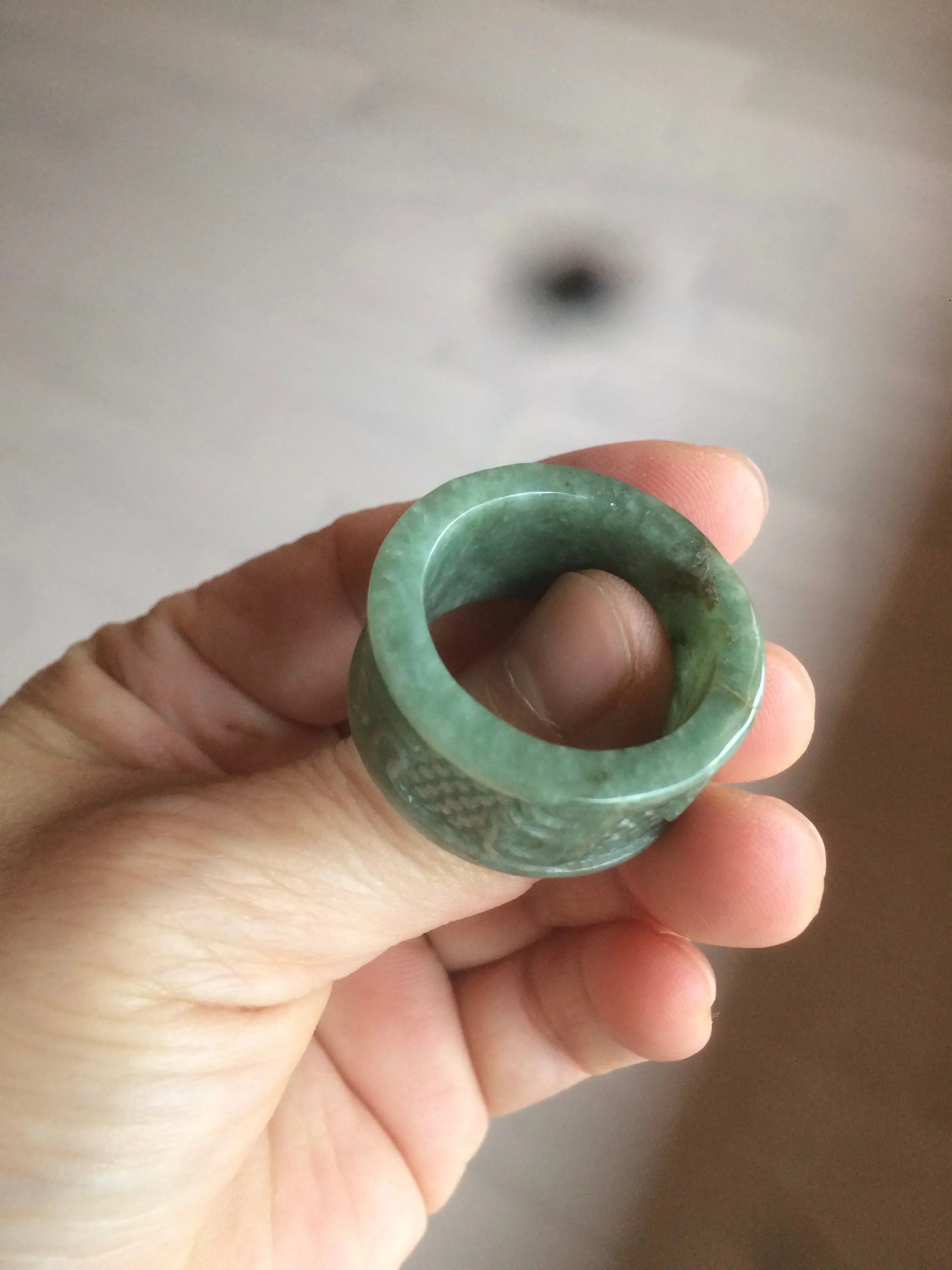 100% Natural type A craved ancient Chinese characters jadeite jade broad ring AS80