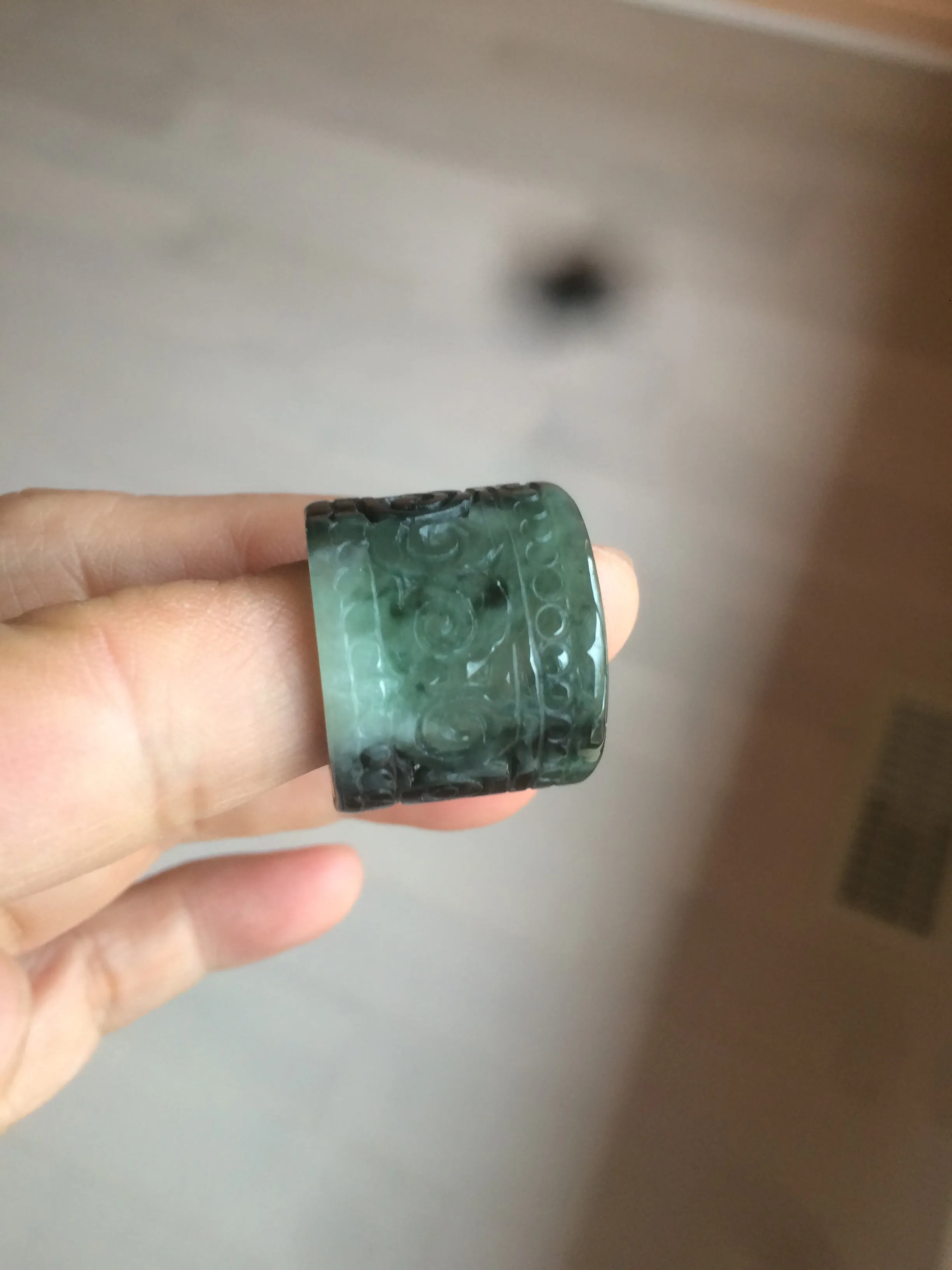 100% Natural type A craved ancient Chinese characters jadeite jade broad ring AS80