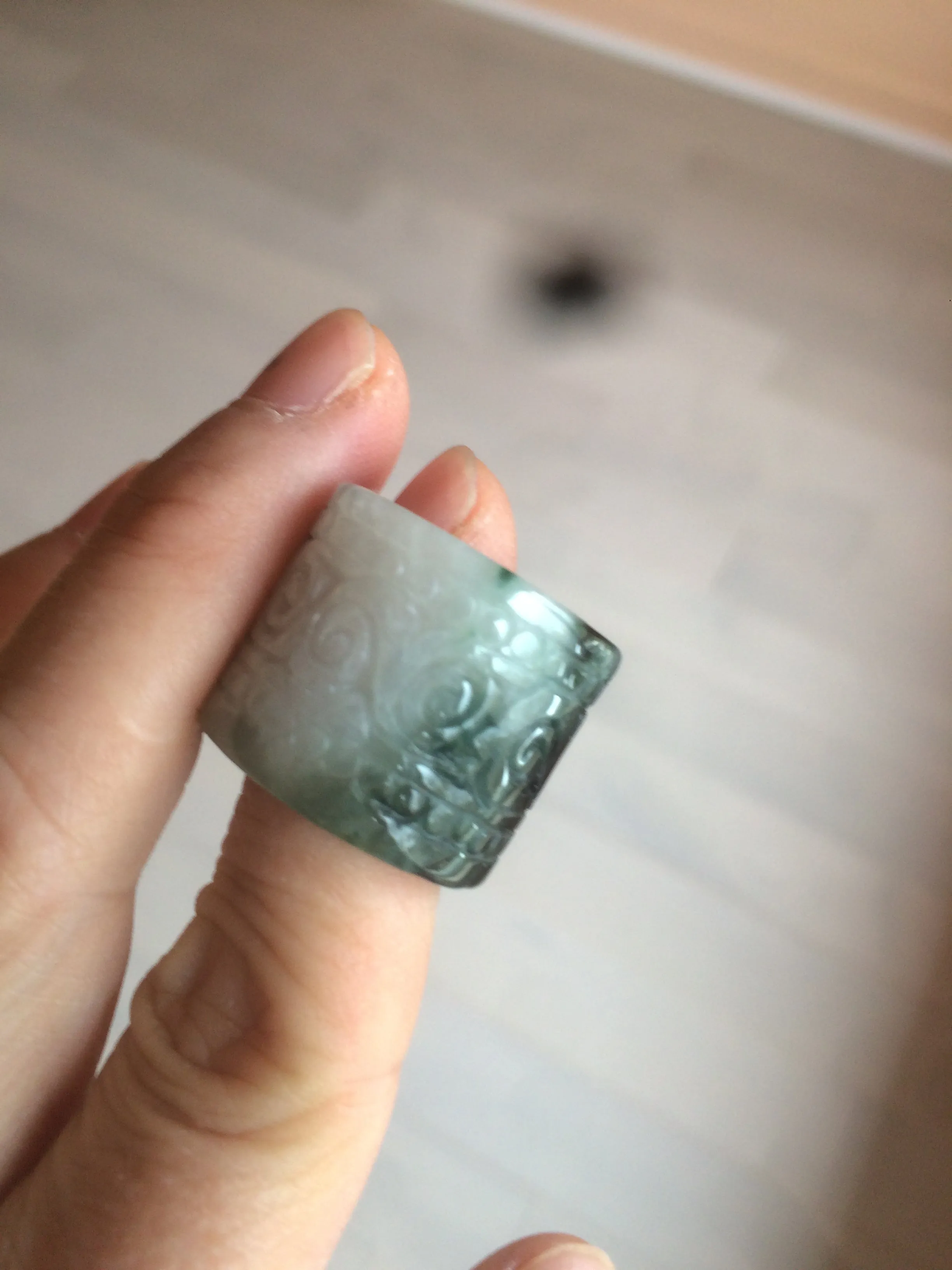 100% Natural type A craved ancient Chinese characters jadeite jade broad ring AS80