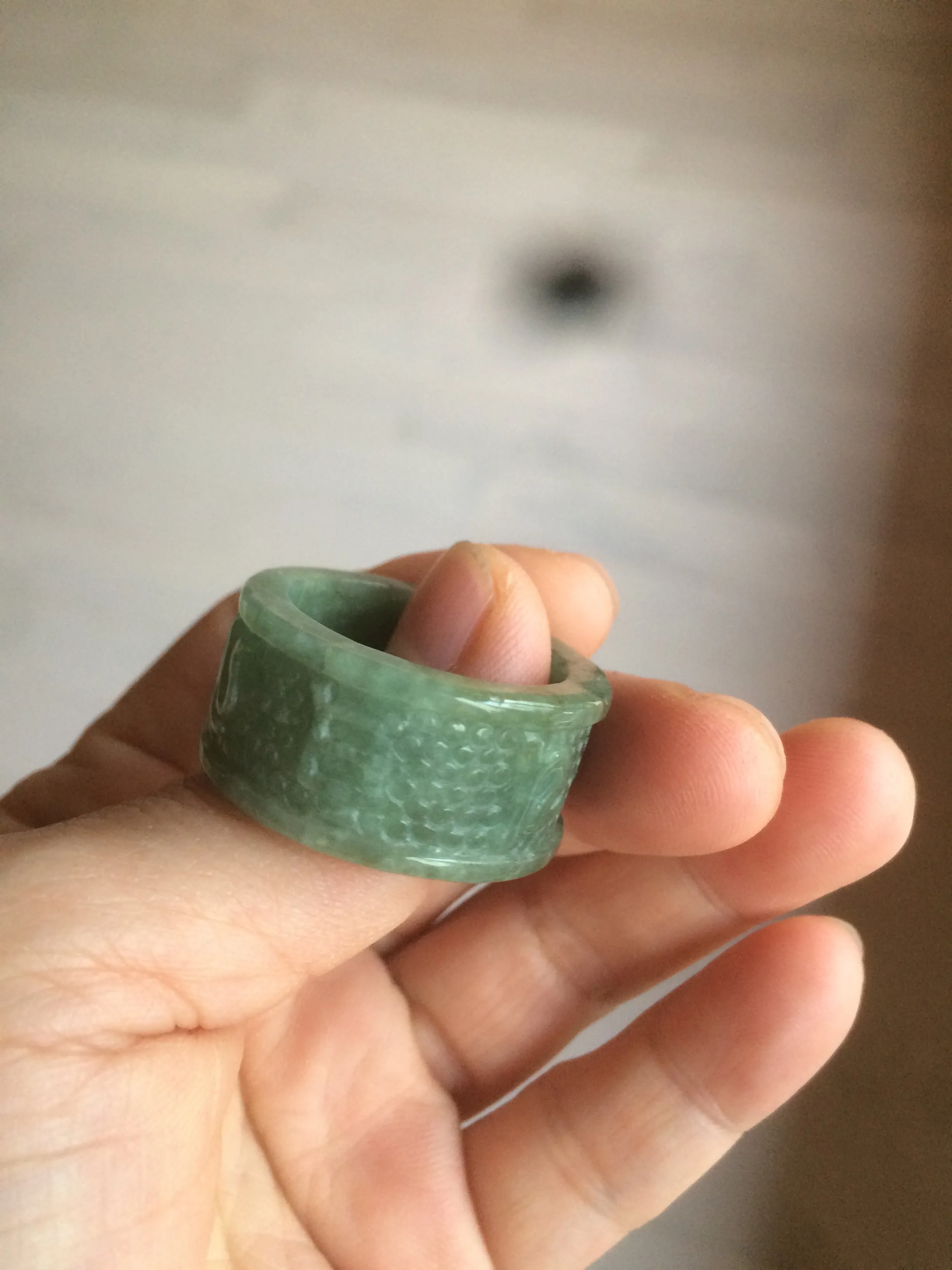 100% Natural type A craved ancient Chinese characters jadeite jade broad ring AS80