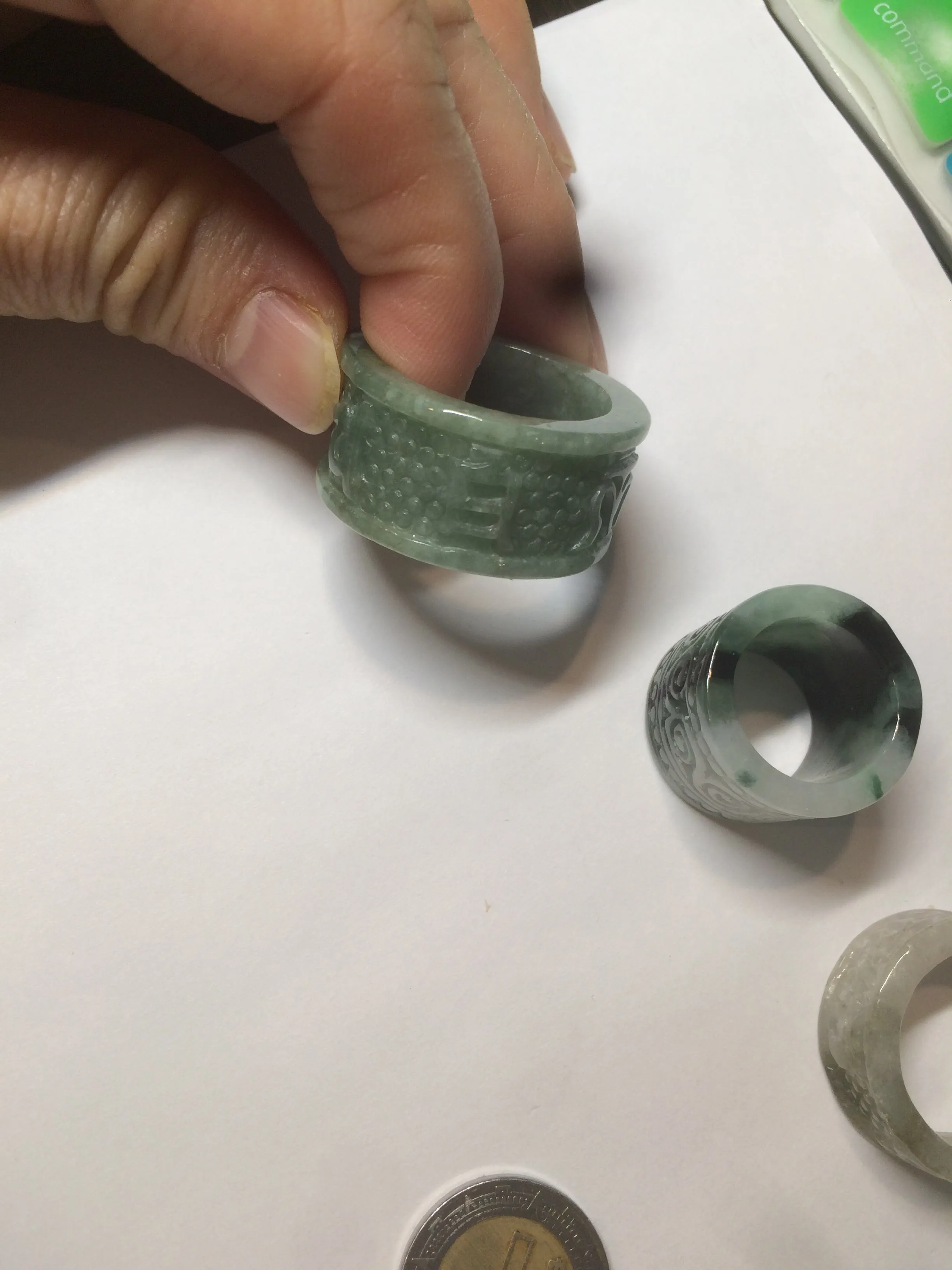 100% Natural type A craved ancient Chinese characters jadeite jade broad ring AS80