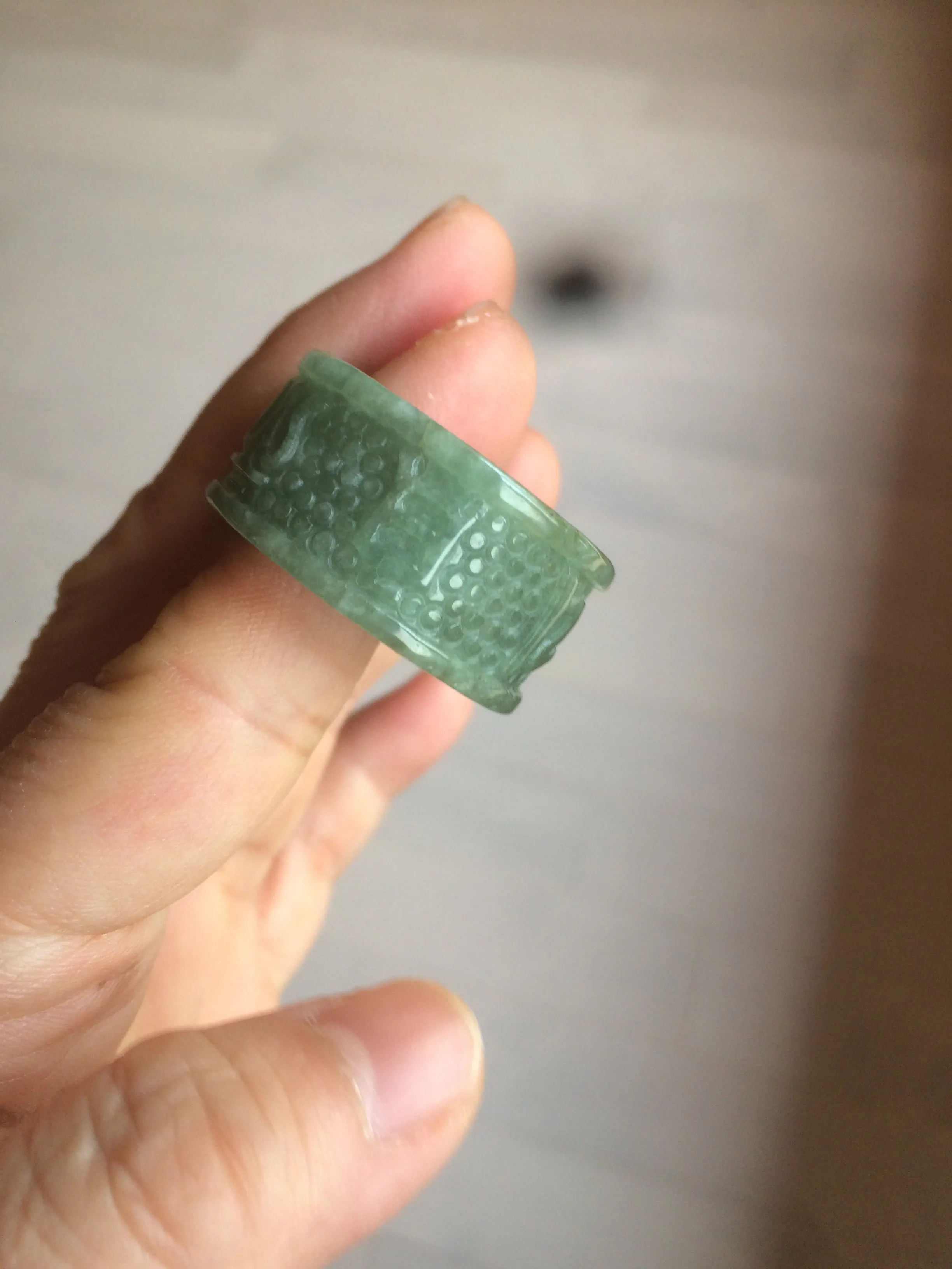 100% Natural type A craved ancient Chinese characters jadeite jade broad ring AS80