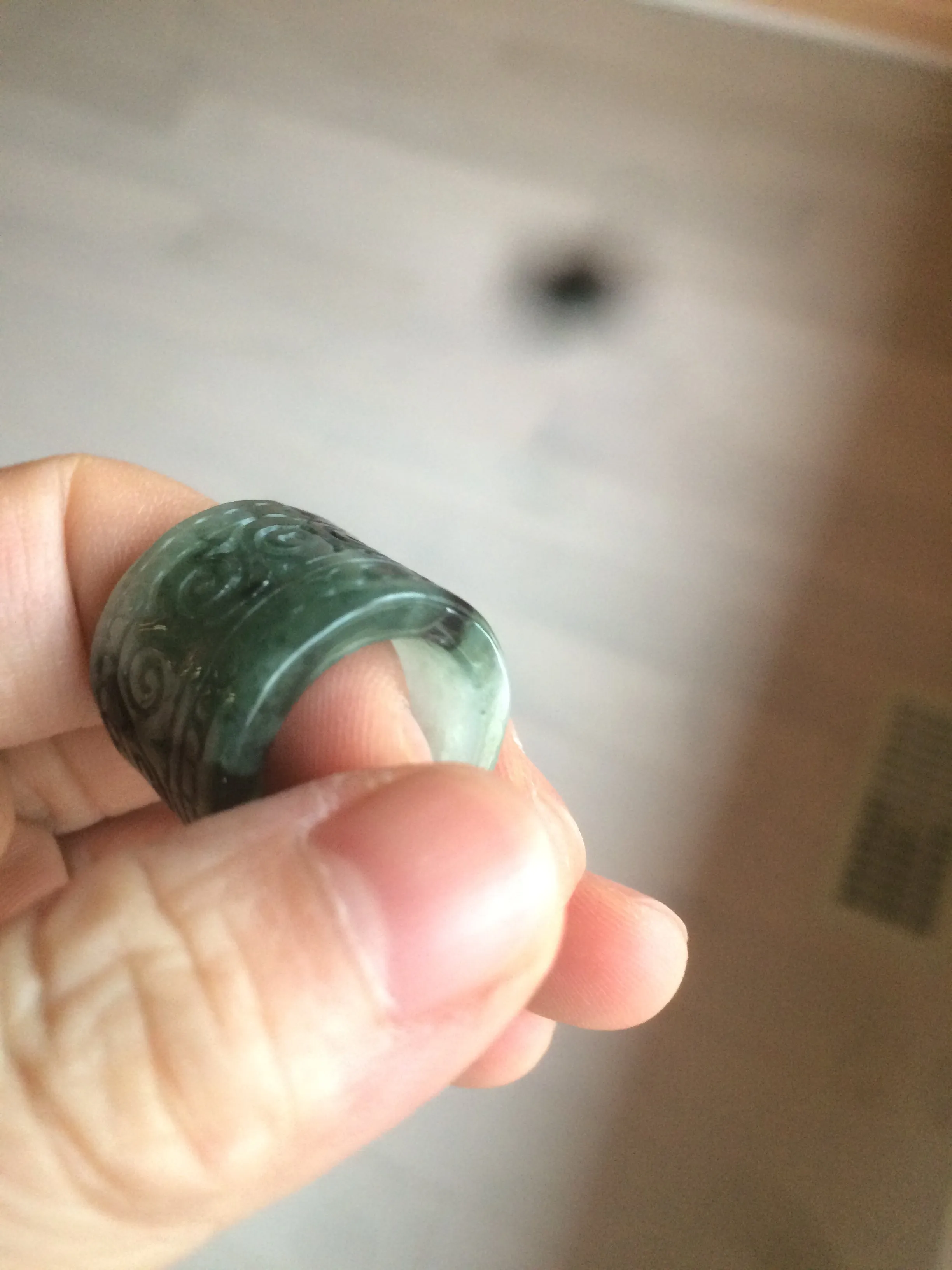 100% Natural type A craved ancient Chinese characters jadeite jade broad ring AS80