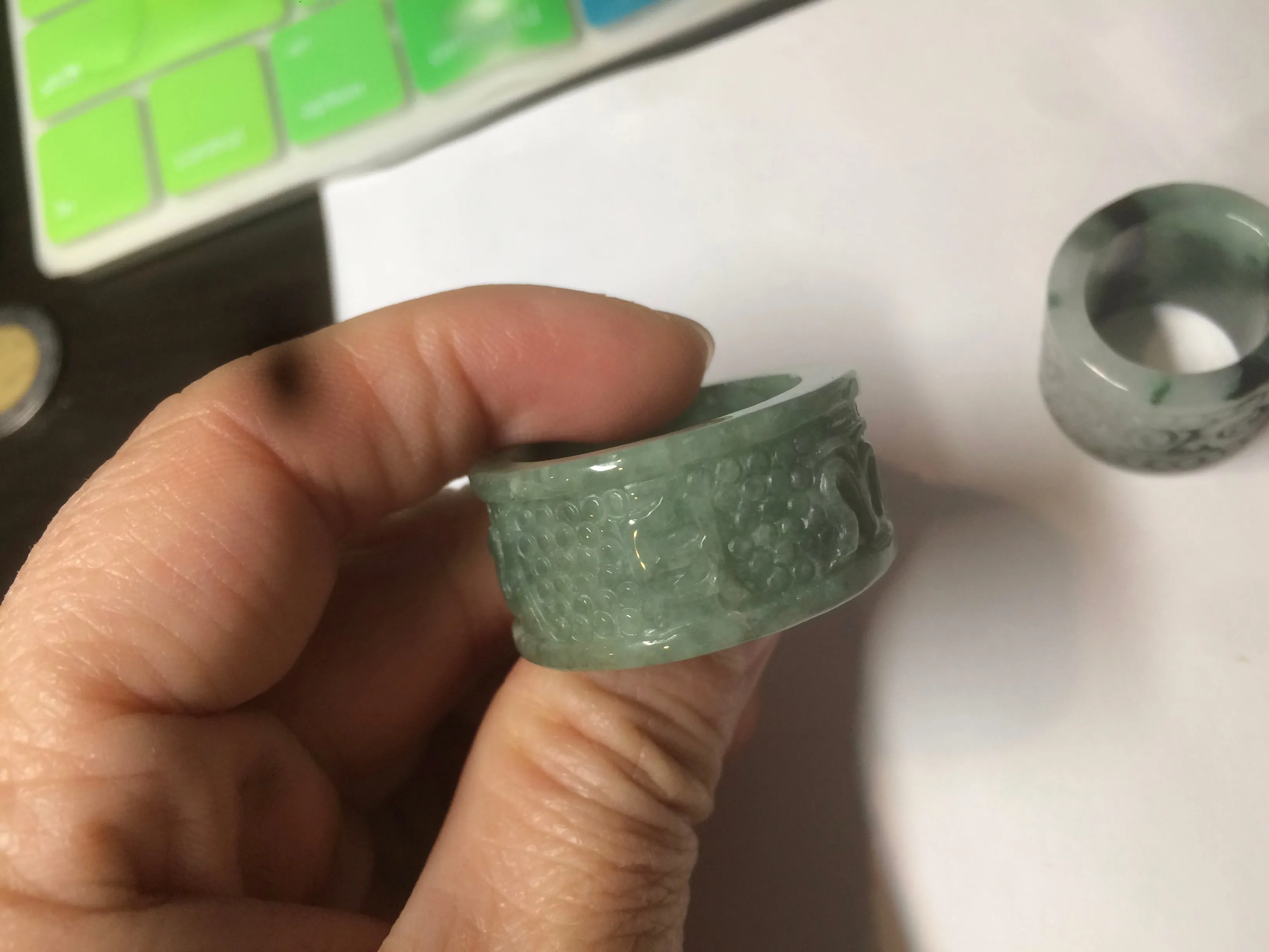 100% Natural type A craved ancient Chinese characters jadeite jade broad ring AS80