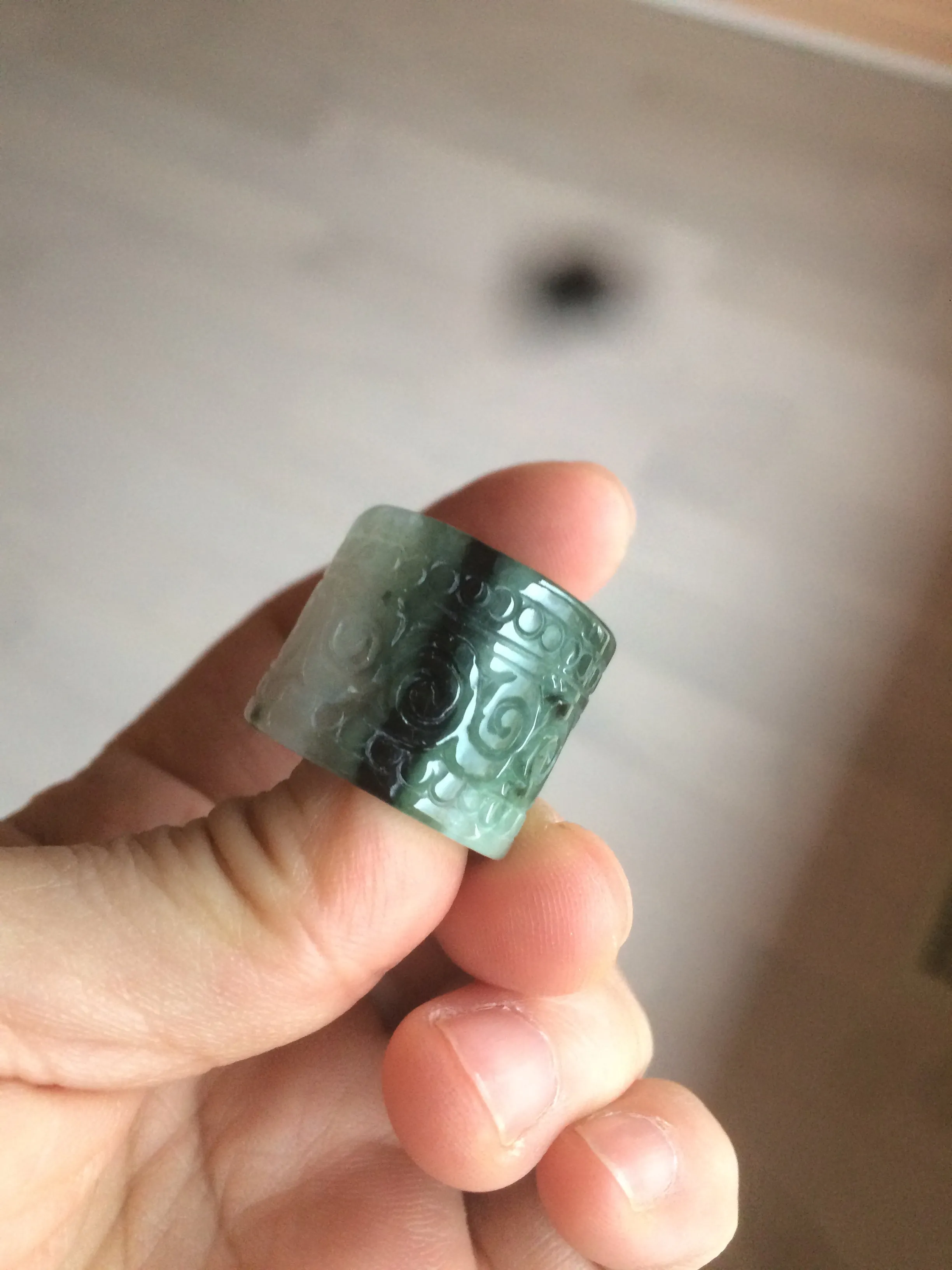 100% Natural type A craved ancient Chinese characters jadeite jade broad ring AS80