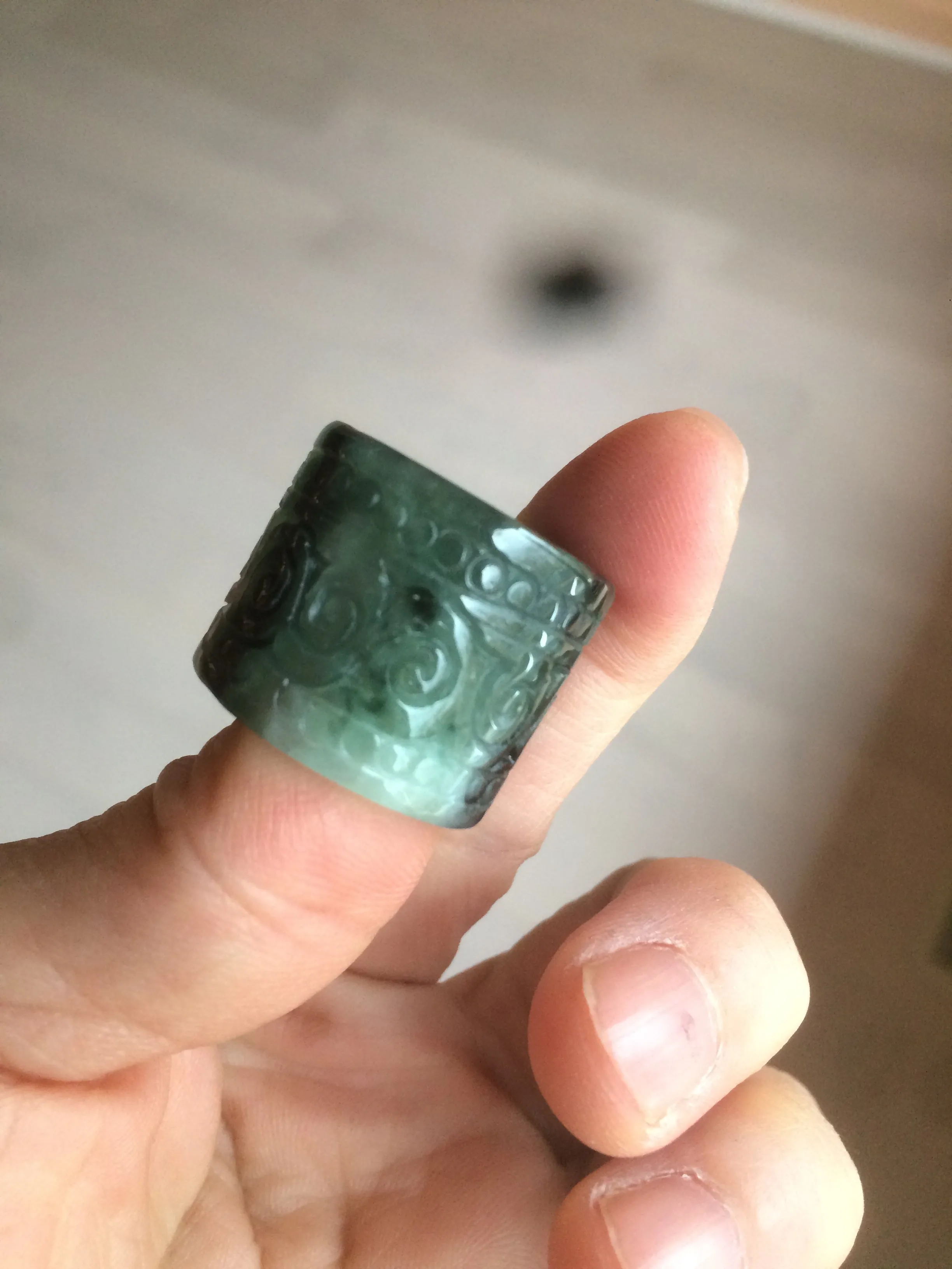 100% Natural type A craved ancient Chinese characters jadeite jade broad ring AS80