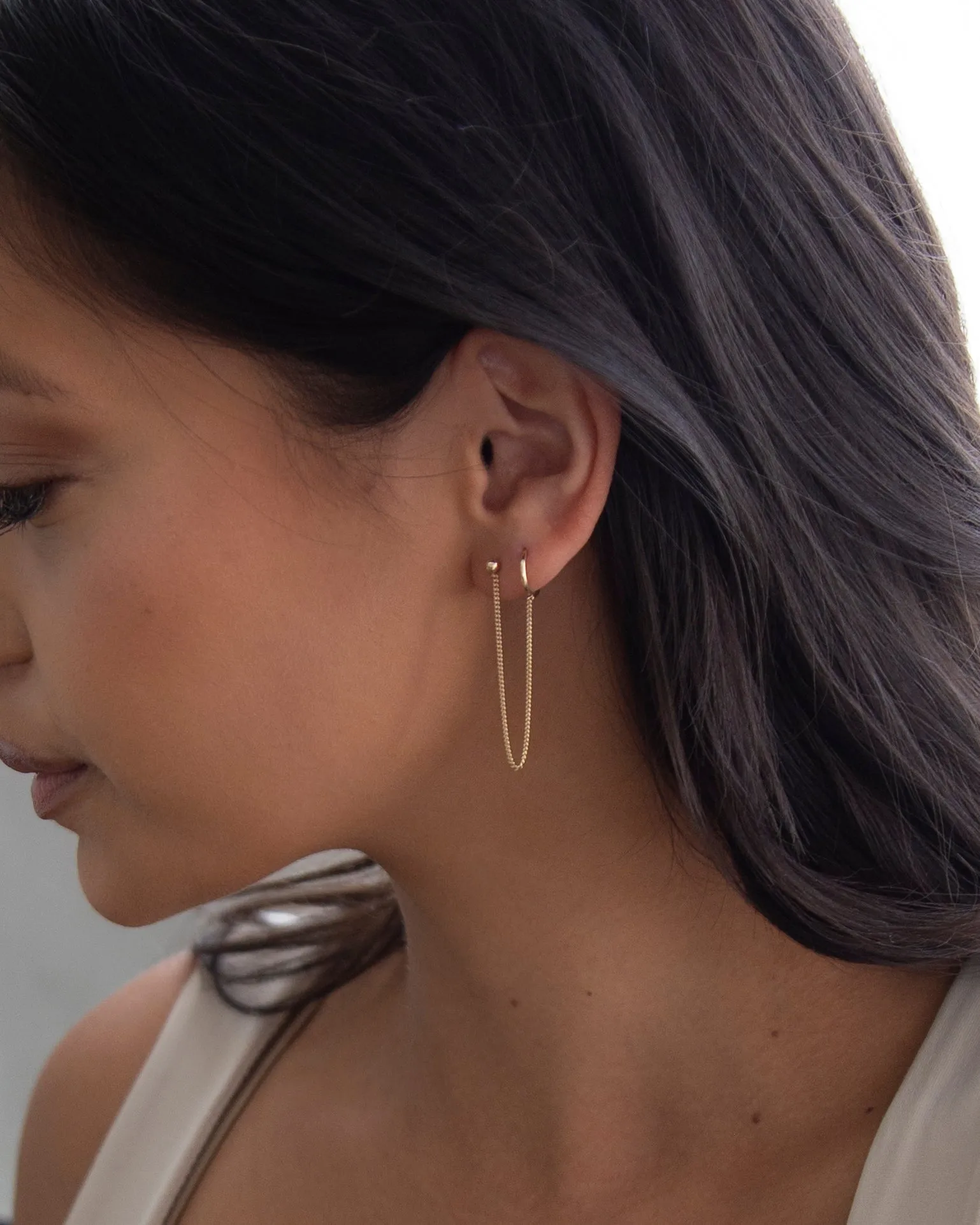 14k Gold Hoop Chained Earring