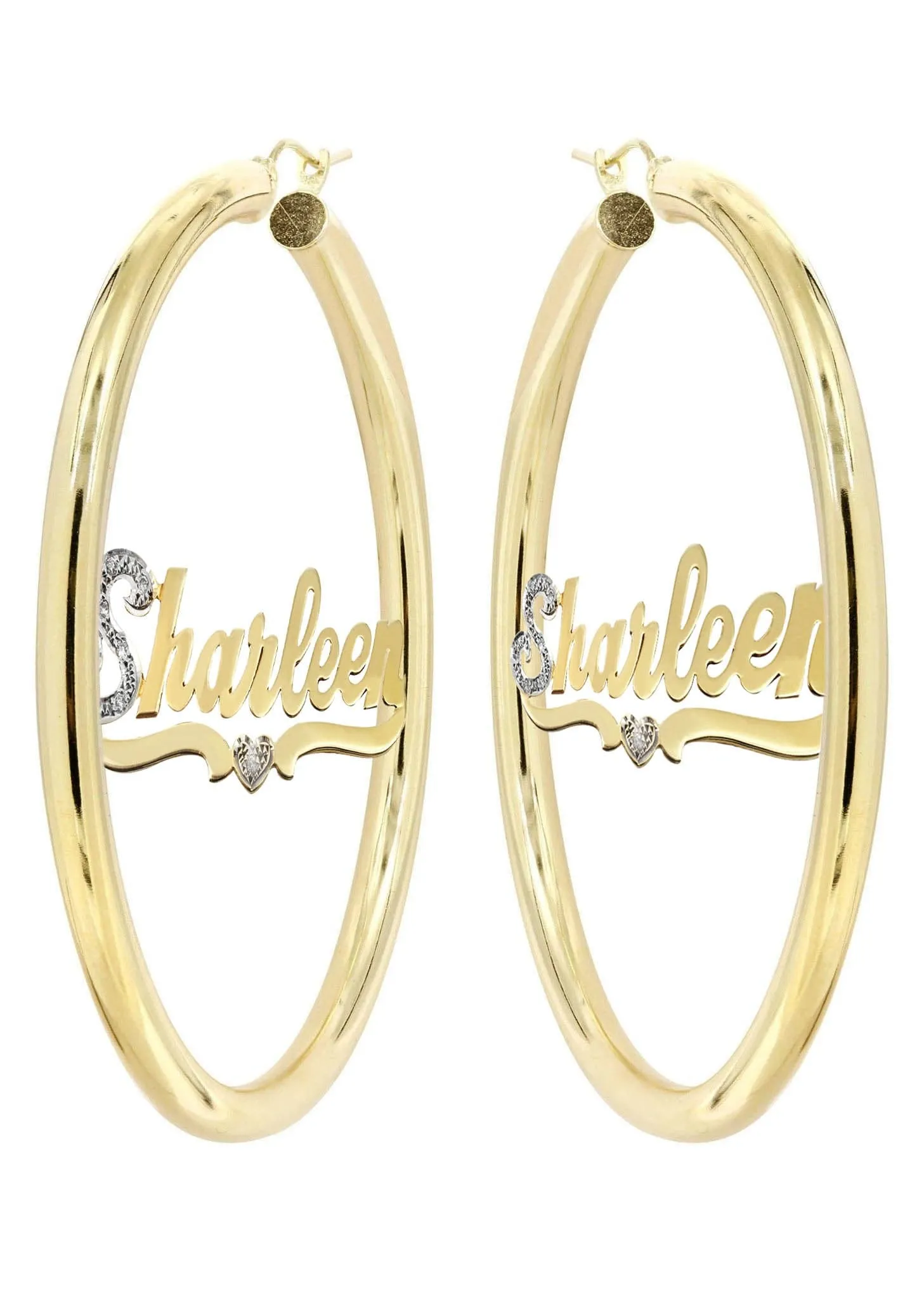 14K Ladies Two Tone  Name Plate Hoop Earrings