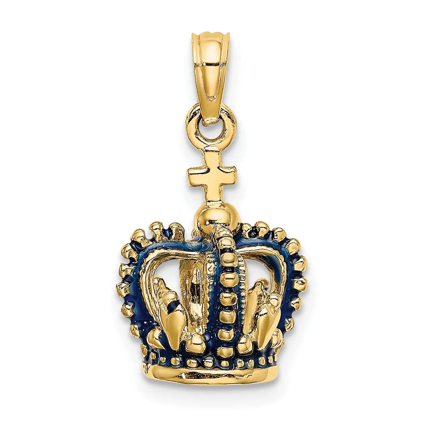 14K Yellow Gold Polished Solid Blue Enamel Finish 3-Dimensional Beaded Design Crown with Cross on Top Charm Pendant