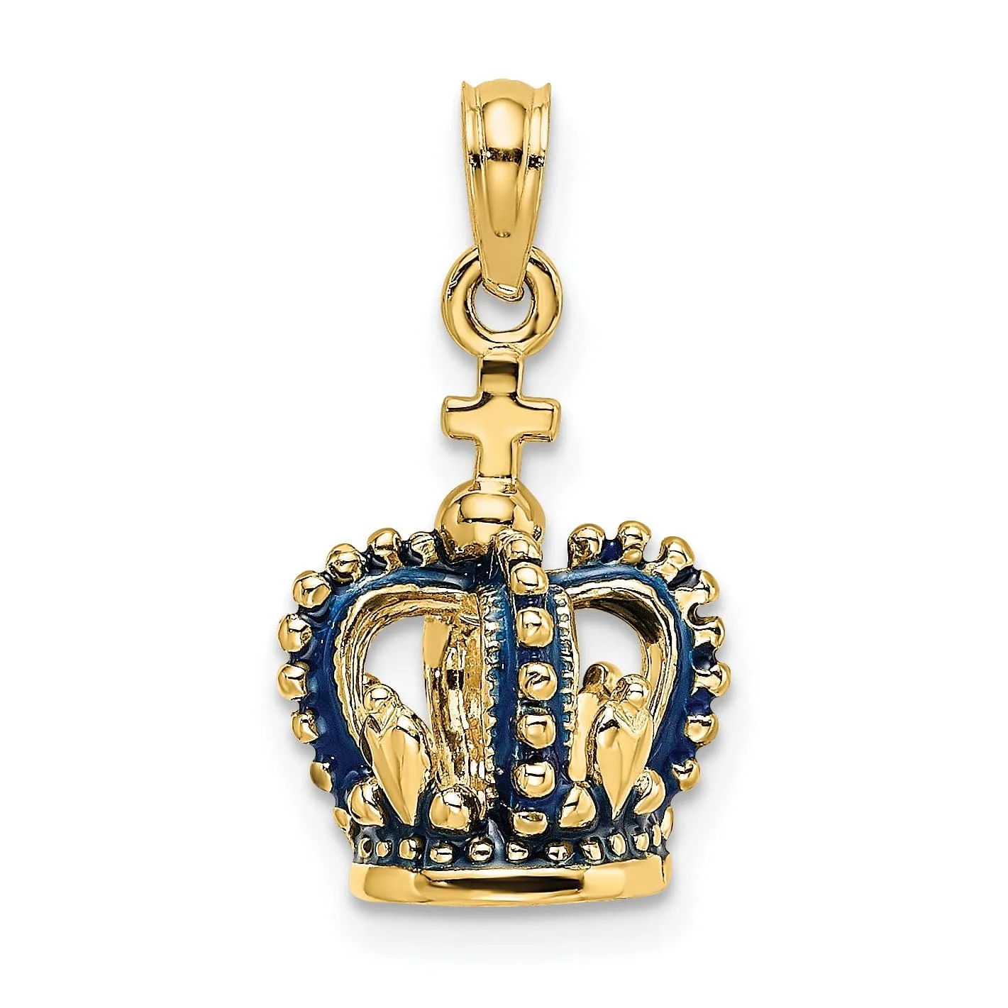 14K Yellow Gold Polished Solid Blue Enamel Finish 3-Dimensional Beaded Design Crown with Cross on Top Charm Pendant