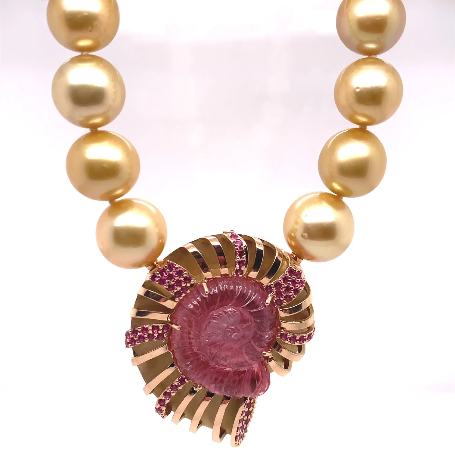 18k Rose Gold Carved Pink Tourmaline Ammonite Clasp