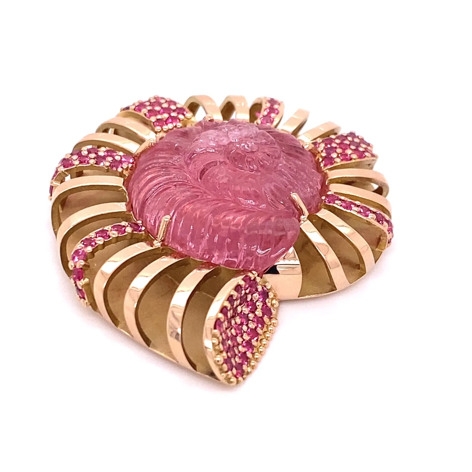 18k Rose Gold Carved Pink Tourmaline Ammonite Clasp