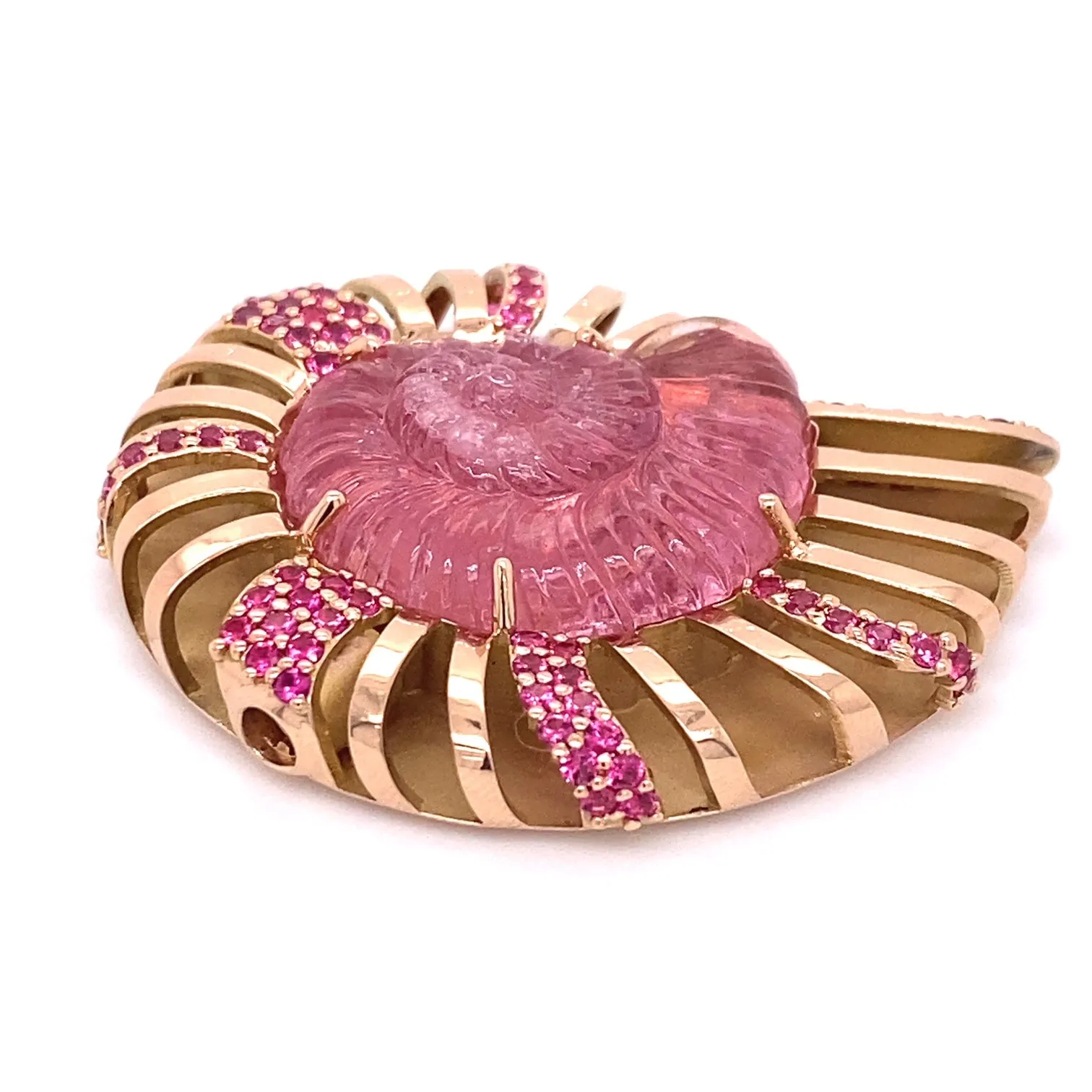 18k Rose Gold Carved Pink Tourmaline Ammonite Clasp