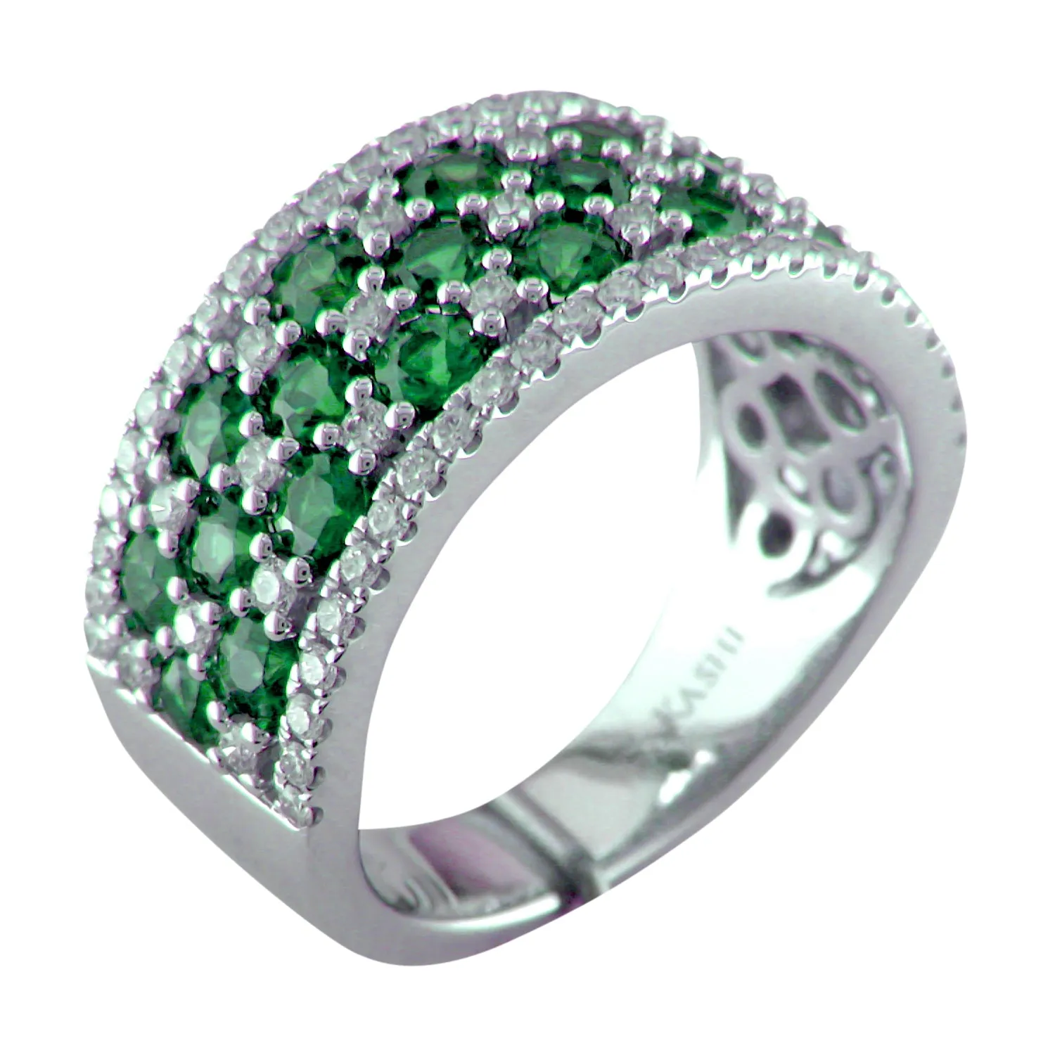 18K White Gold Emerald & Diamond Wide Right Hand Cocktail Ring