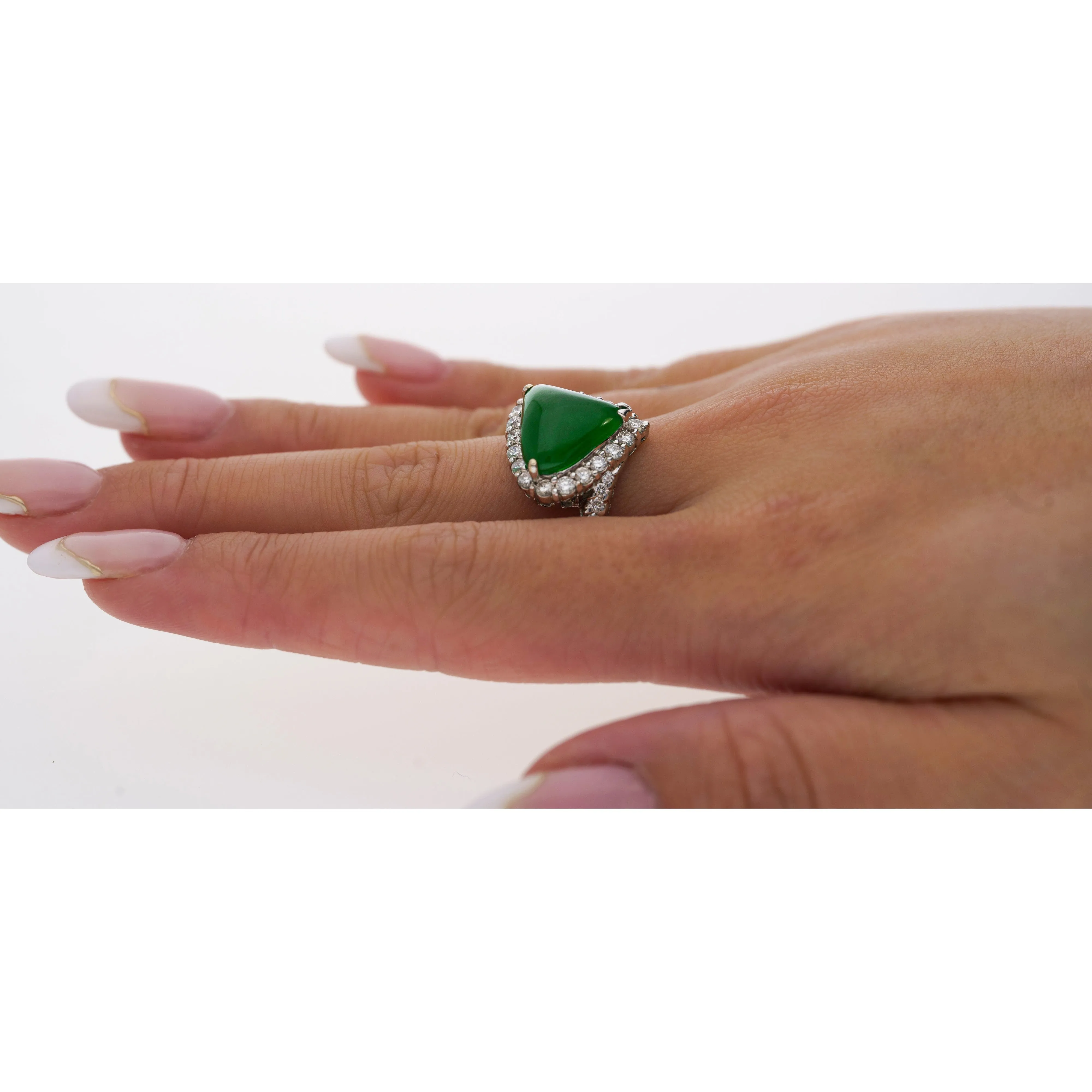 18K White Gold Type A Jadeite Jade Cabochon Cut Triangle Shape and Diamond Halo Ring