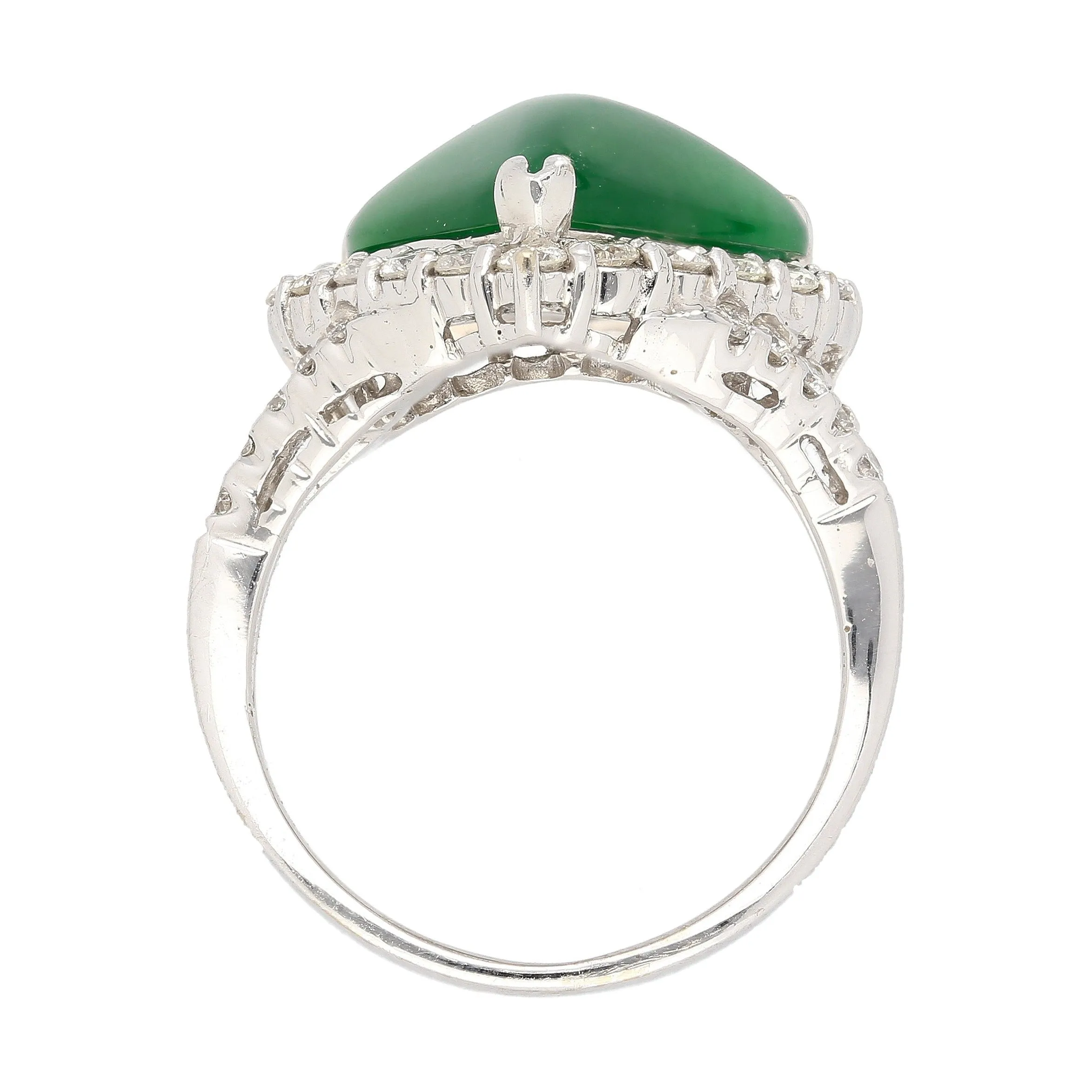 18K White Gold Type A Jadeite Jade Cabochon Cut Triangle Shape and Diamond Halo Ring