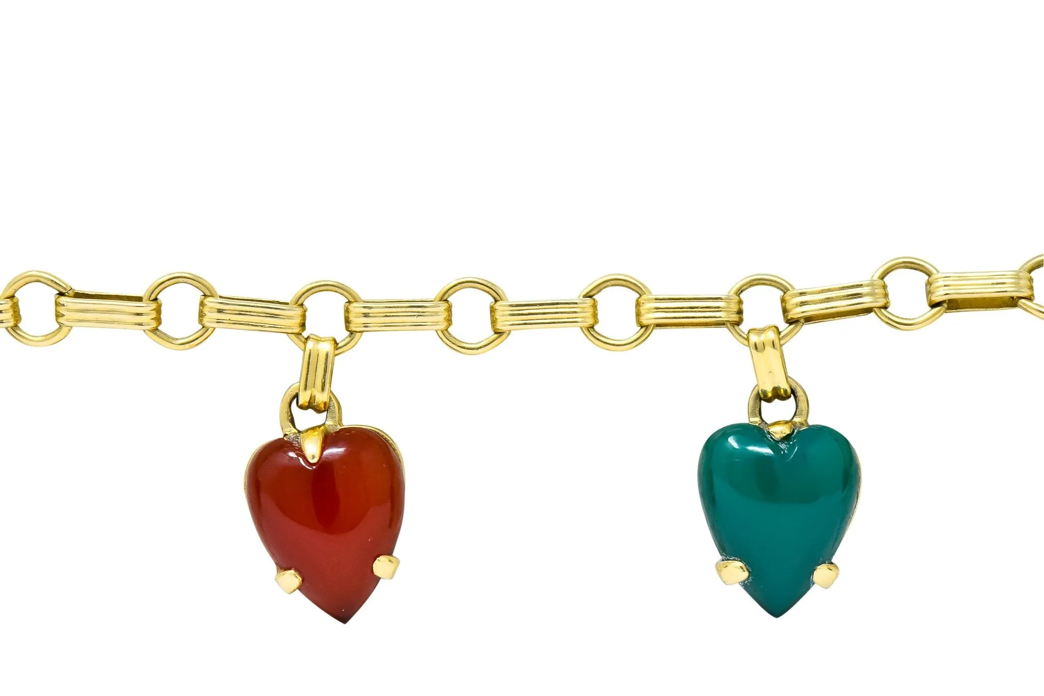 1940's Retro Agate 14 Karat Gold Heart Charm Bracelet