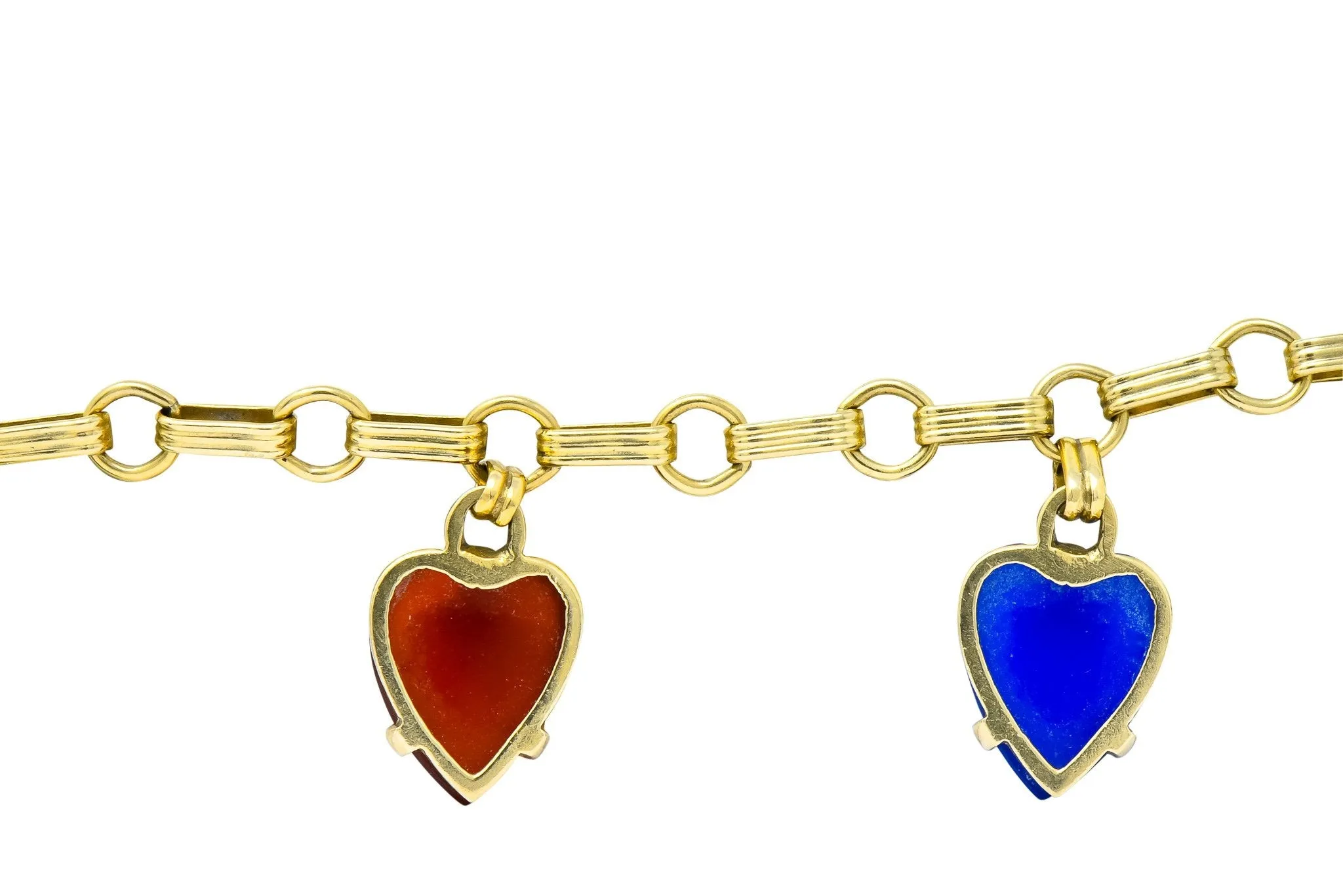 1940's Retro Agate 14 Karat Gold Heart Charm Bracelet