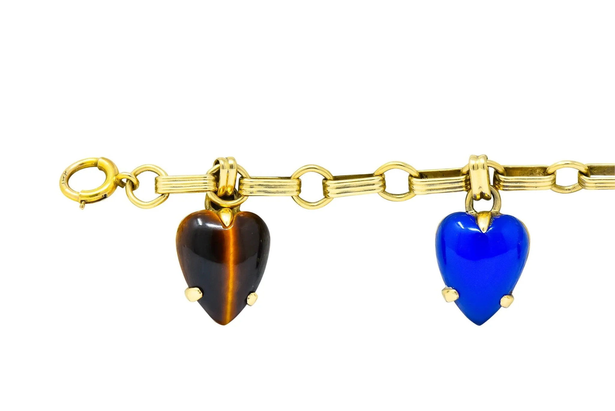 1940's Retro Agate 14 Karat Gold Heart Charm Bracelet