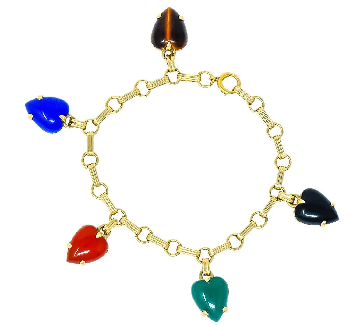 1940's Retro Agate 14 Karat Gold Heart Charm Bracelet