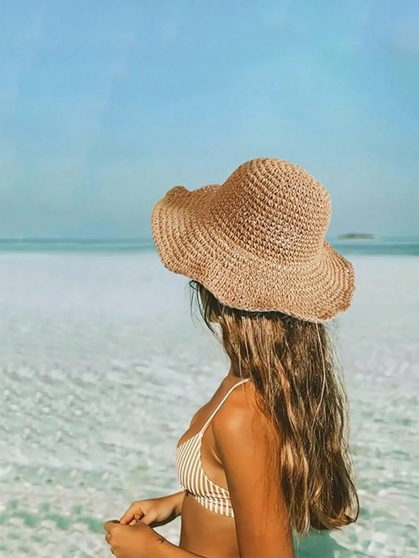 1pc Plain Crochet Sun Hat With Adjustable Strap, Ideal For Spring/Autumn Travel, Beach Vacation, Sun Protection, Y2K Style, Youthful