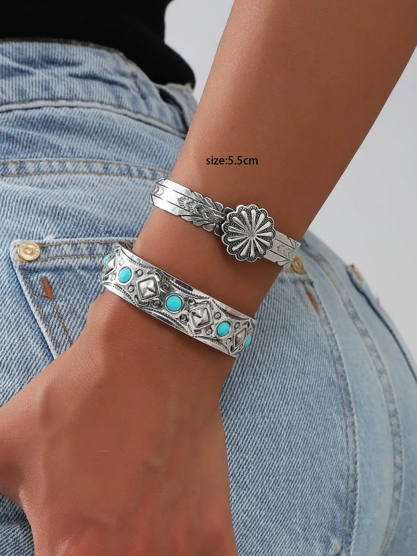 2Pcs Western Style Silver Color Metal Cuff Bangle Bracelet Set Turquoise Jewelry