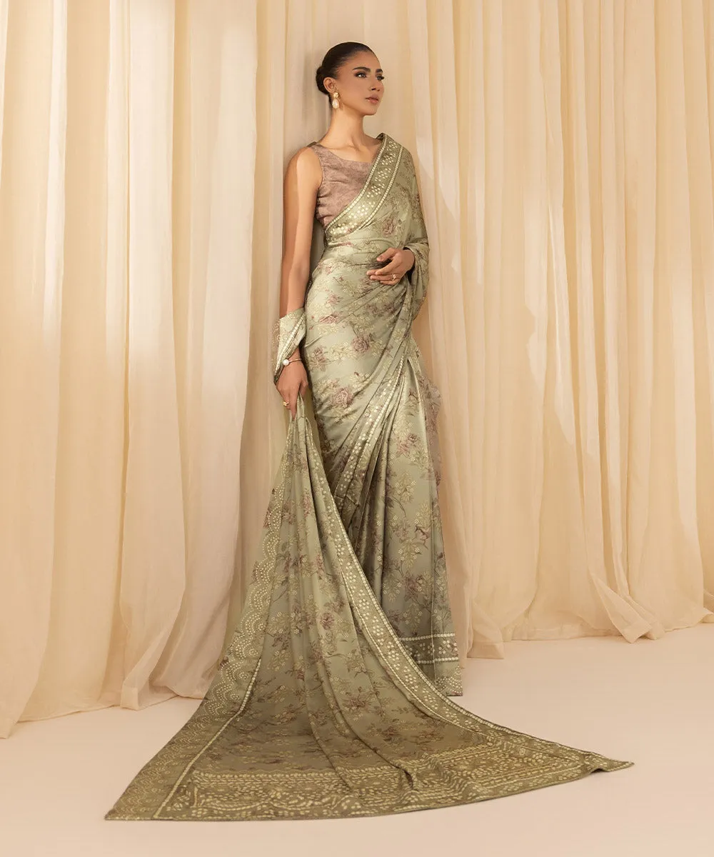 3 Piece -  Printed Satin Saree