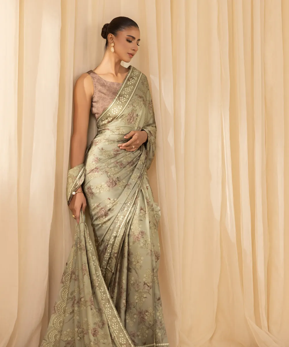 3 Piece -  Printed Satin Saree