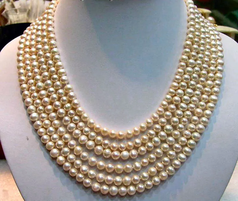 6 Strand Pearl Necklace Freshwater White Pearls 925 Sterling Clasp Handmade OOAK