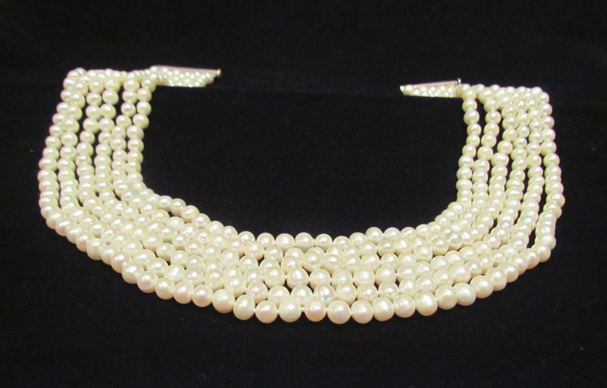 6 Strand Pearl Necklace Freshwater White Pearls 925 Sterling Clasp Handmade OOAK