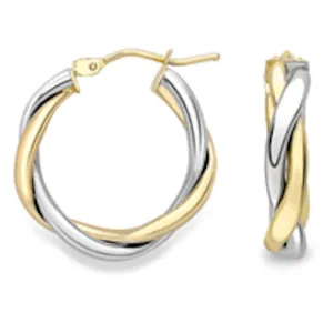 9ct White and Yellow Gold Twisted Hoop Earrings