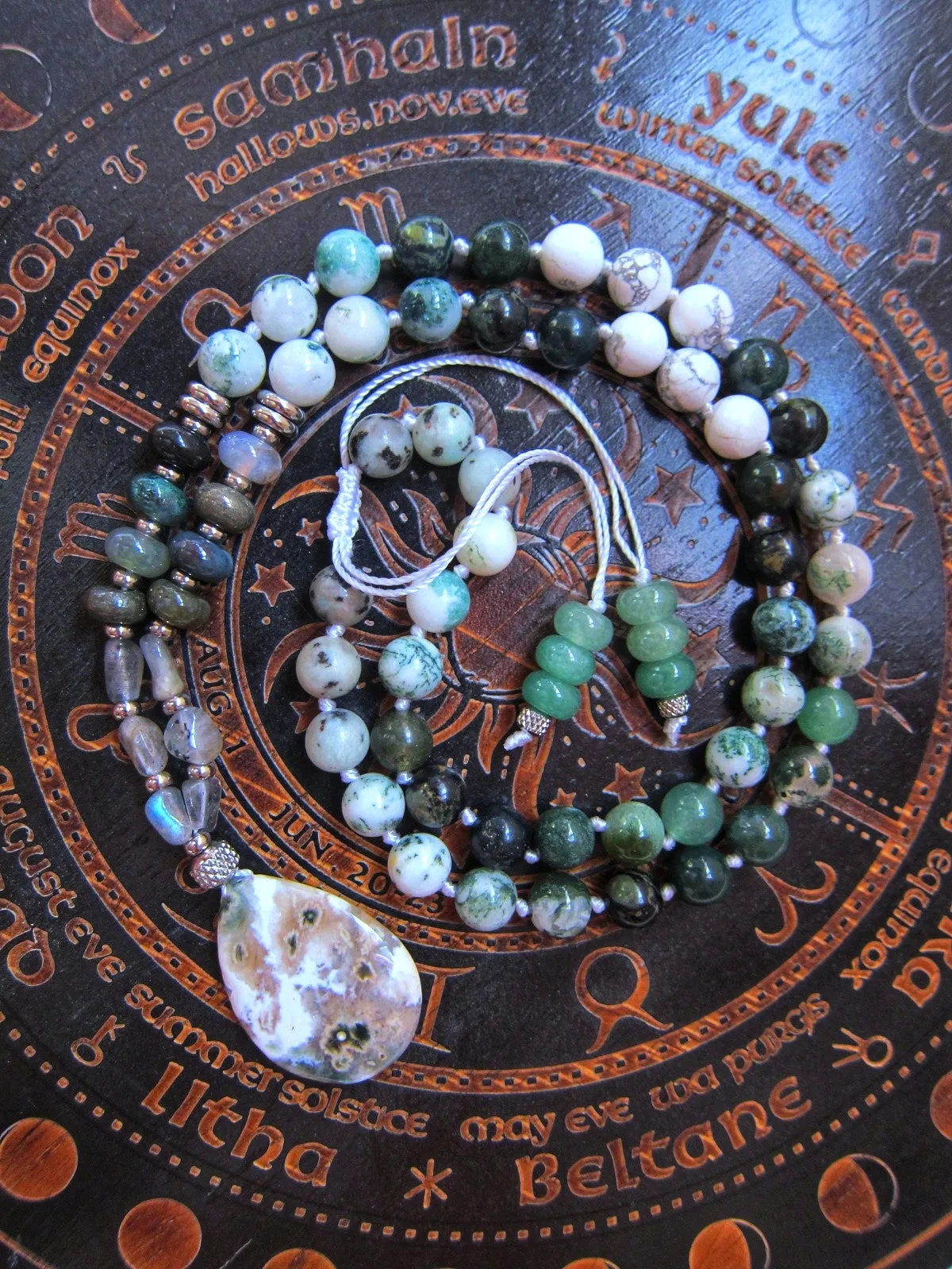 Abundance and Good Luck - Green Bloodstone, Tree Agate, Ocean Jasper Pendant Mala Necklace