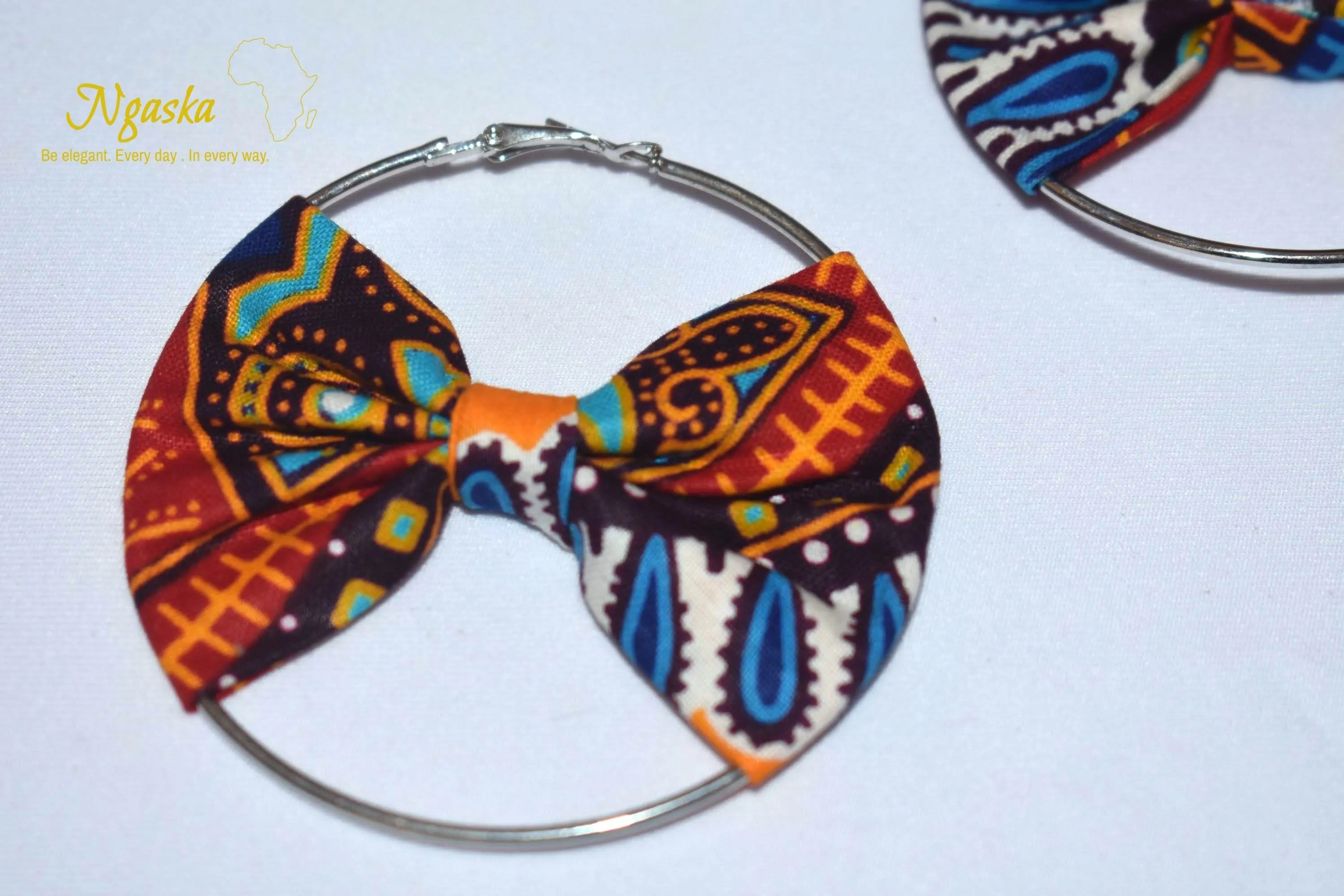 African Print Creole Hoop Earrings, Blue and Orange Dashiki Print - ER11