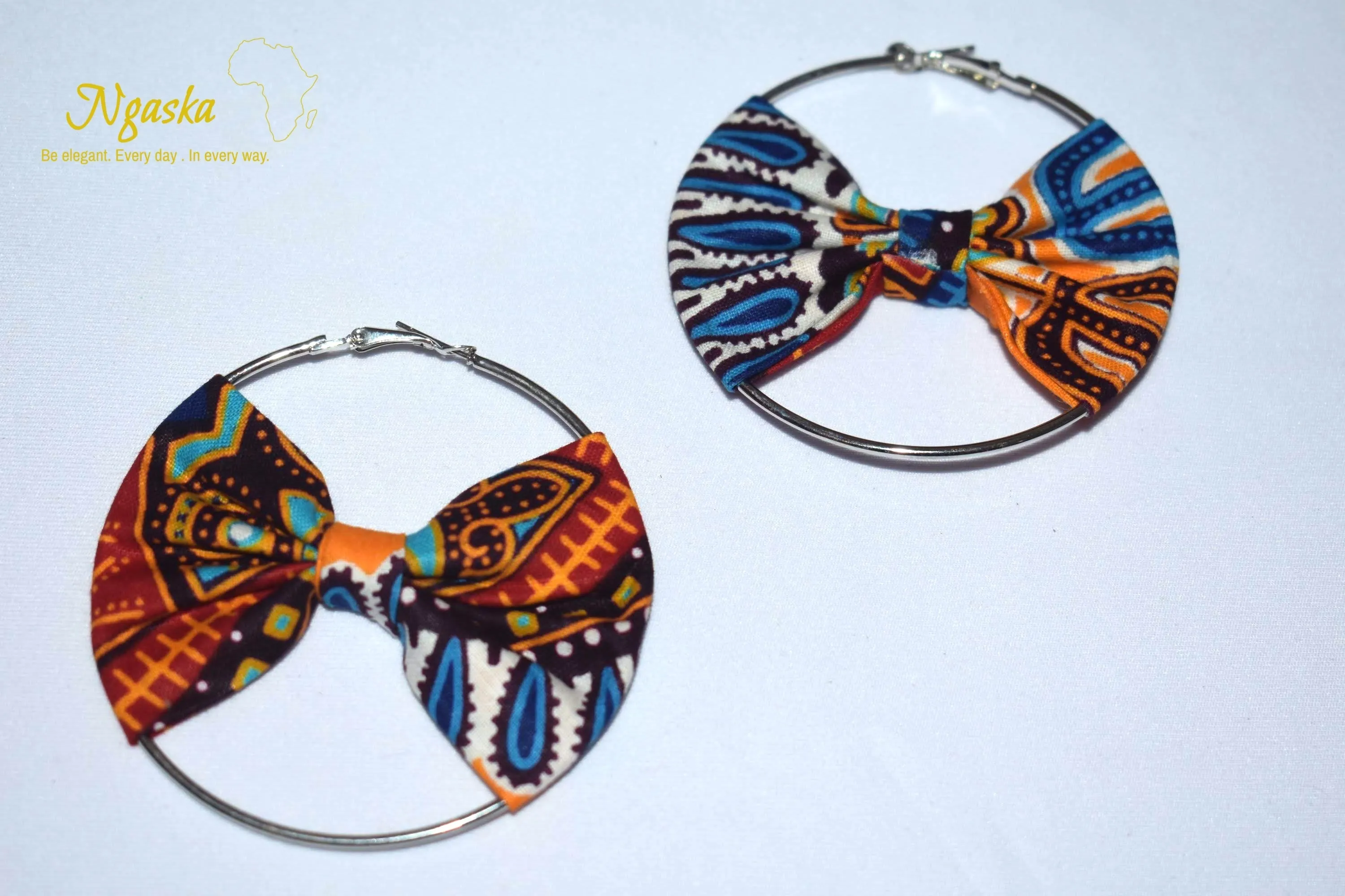 African Print Creole Hoop Earrings, Blue and Orange Dashiki Print - ER11