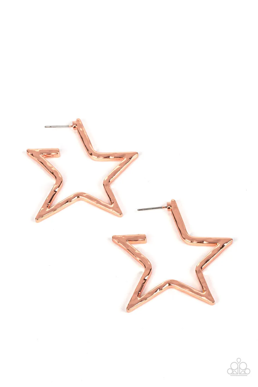 All-Star Attitude - Copper - Star Patriotic Americana Paparazzi Hoop Earrings