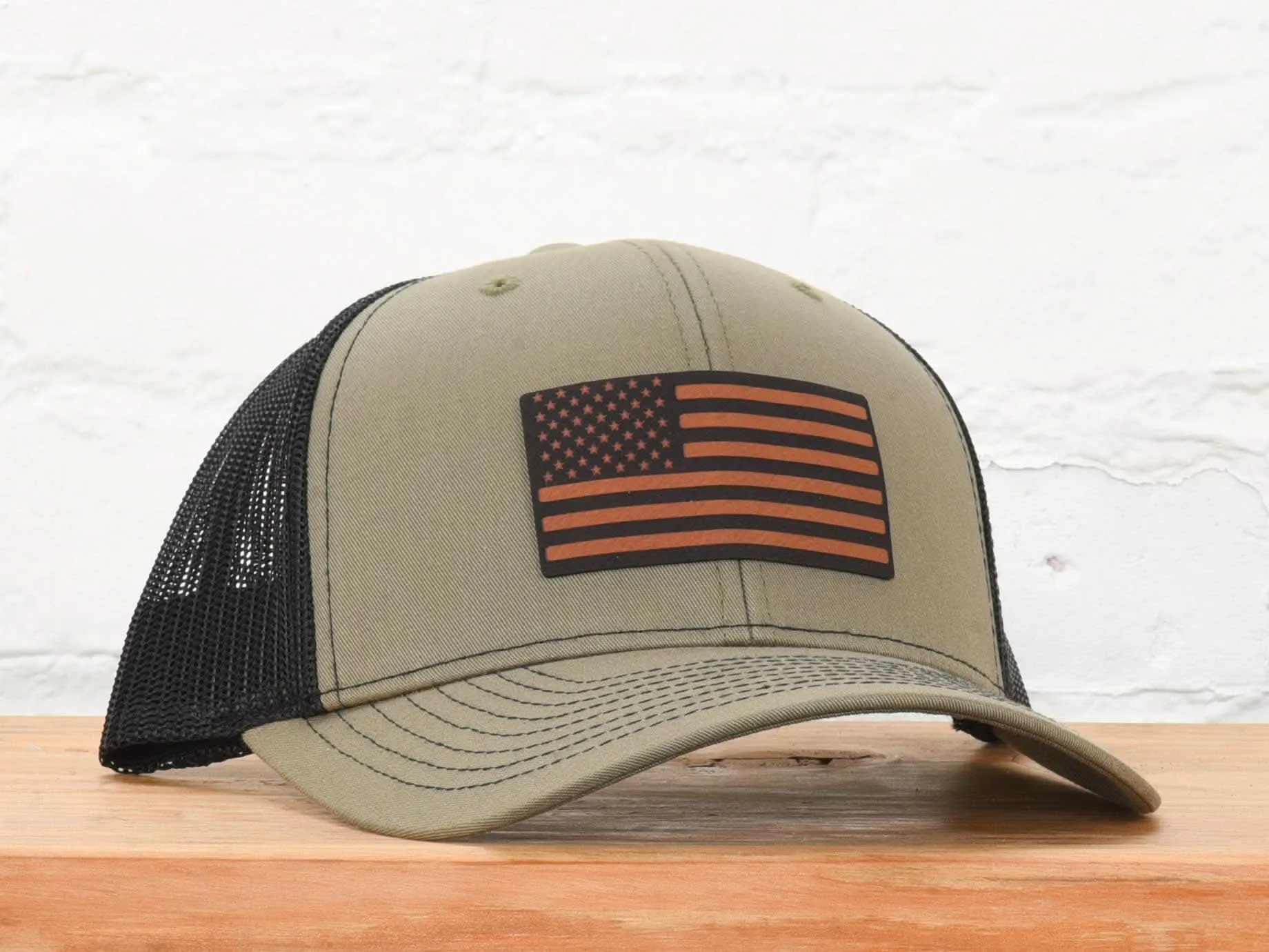 American Flag Leather Patch Snapback Hat - Loden/Black