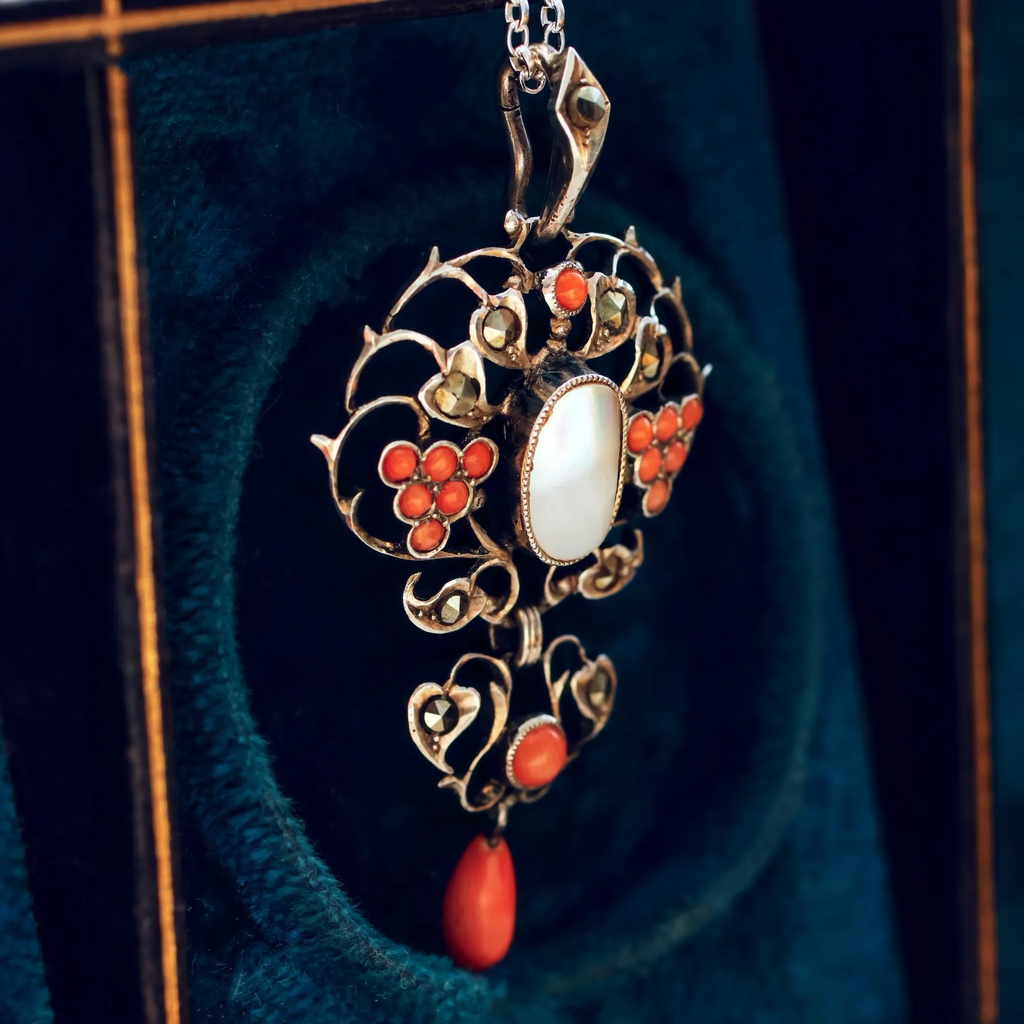 Antique Coral, Mother of Pearl & Marcasite Pendant