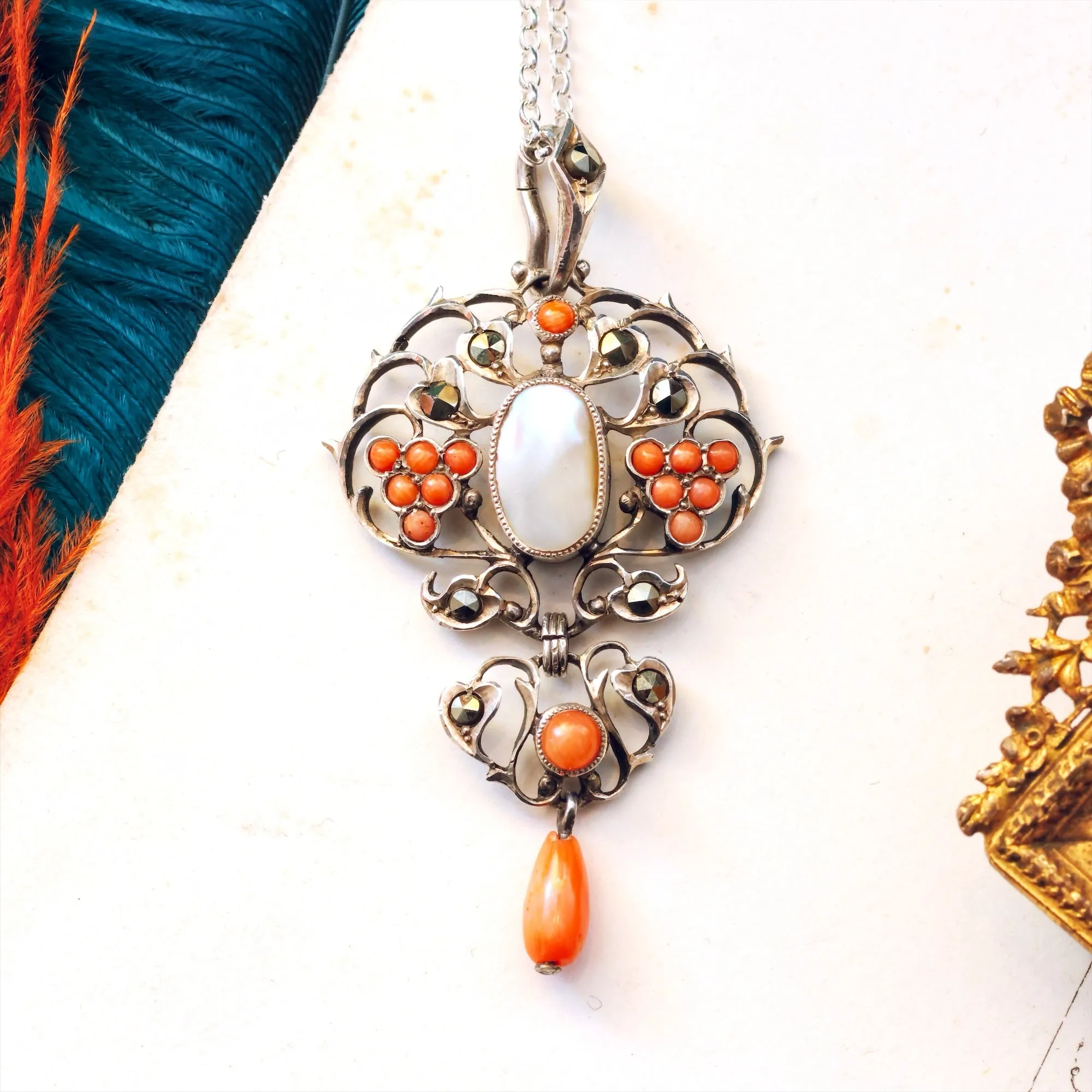 Antique Coral, Mother of Pearl & Marcasite Pendant