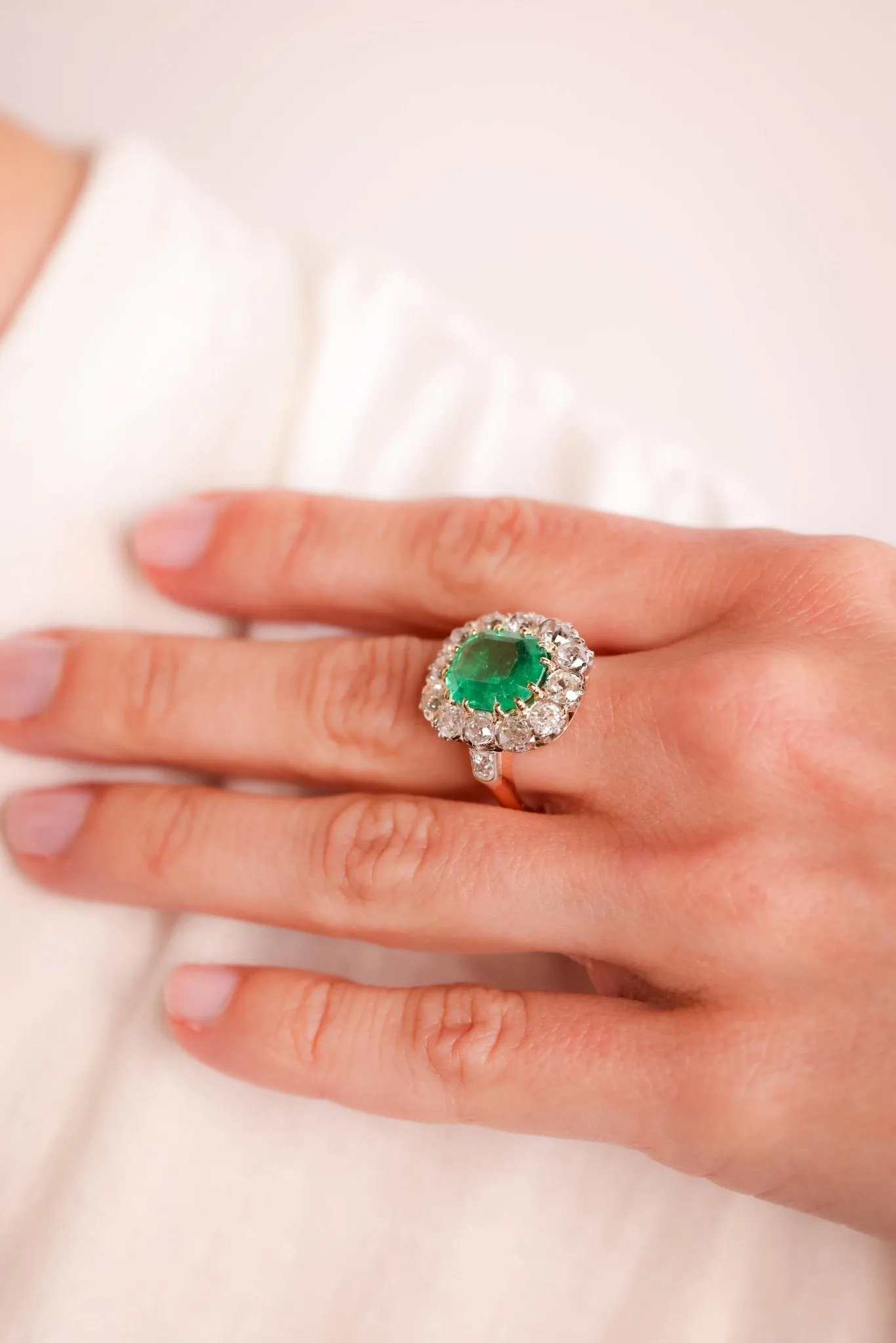 Antique French 3.67 Carat Emerald Diamond 18K Rose Gold Cocktail Ring