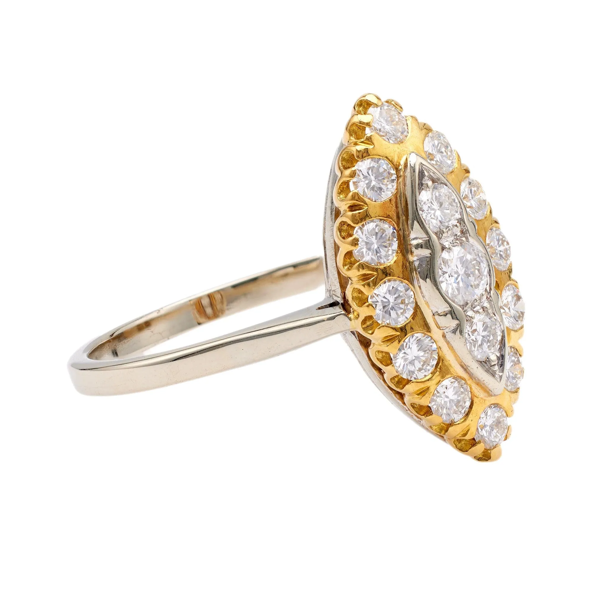 Antique Inspired French Diamond 18k Two Tone Navette Ring