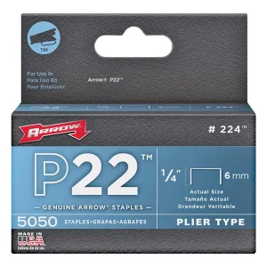 Arrow P22 Series 224 Flat Crown Staple, 7/16 in W Crown, 1/4 in L Leg