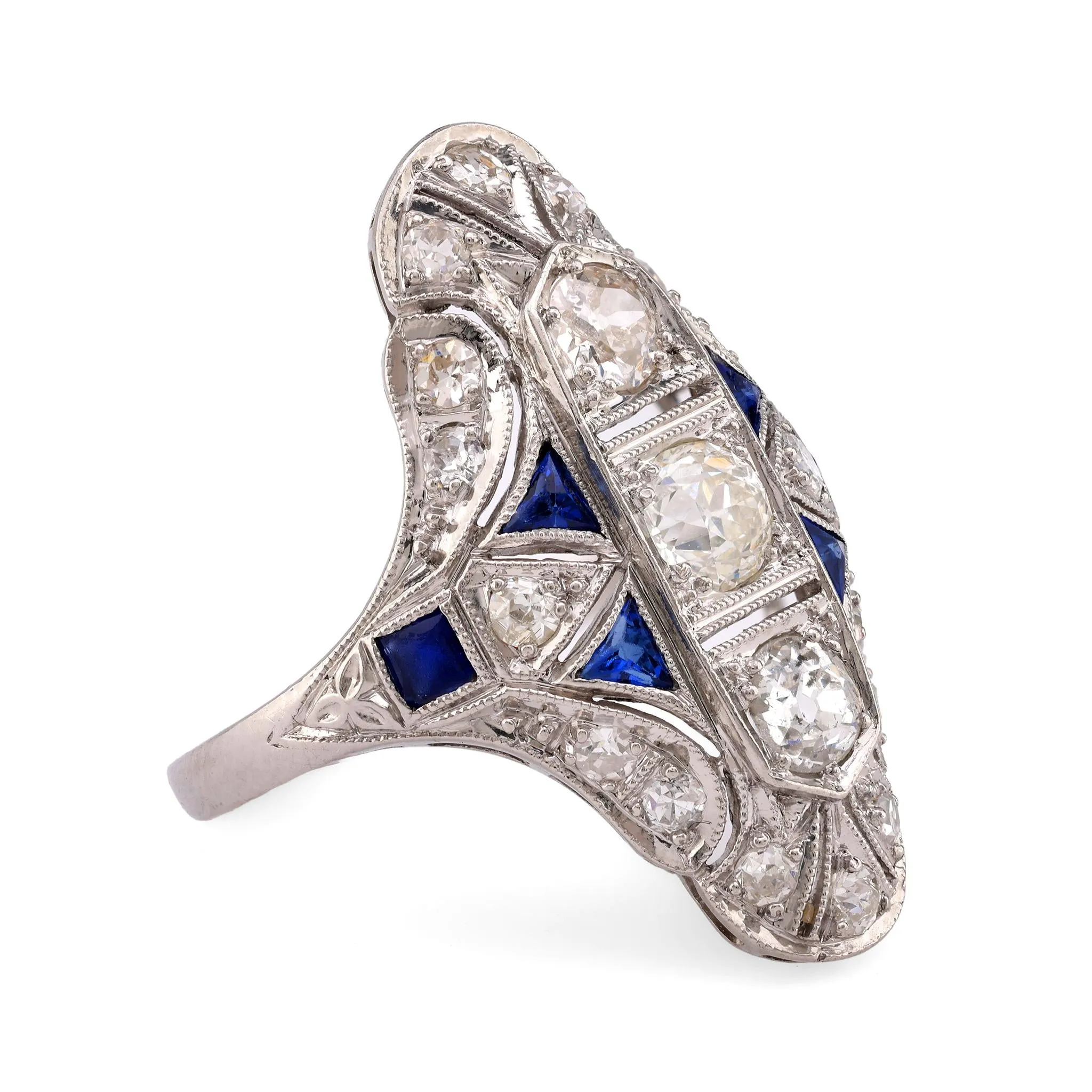 Art Deco Diamond Sapphire Platinum Navette Ring