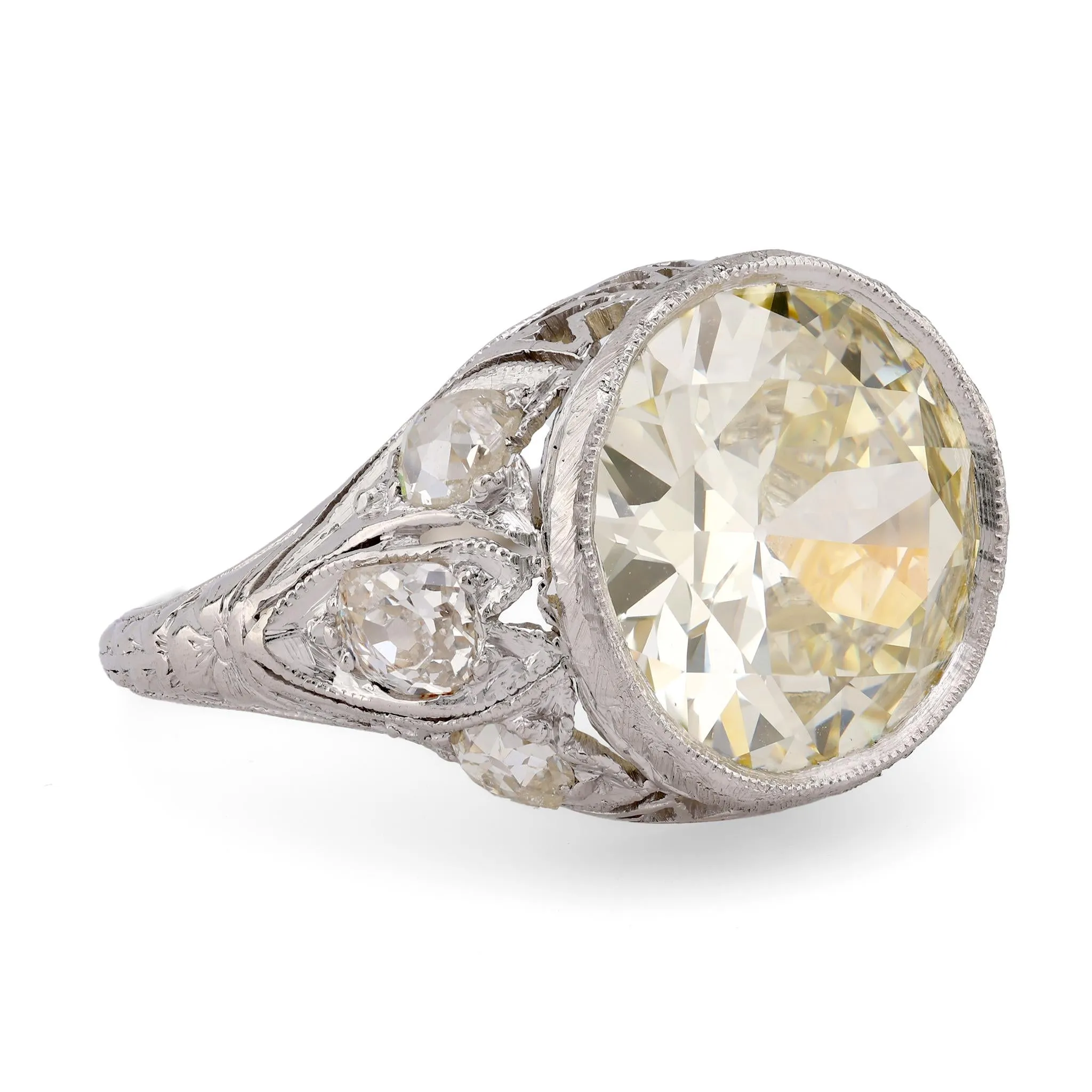 Art Deco GIA 5.85 Carat Circular Brilliant Cut Diamond Platinum Filigree Ring