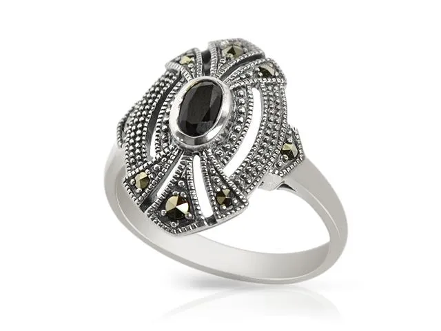 Art Deco Stil Schwarzer Onyx & Markasit Ring in 925 Sterling Silber