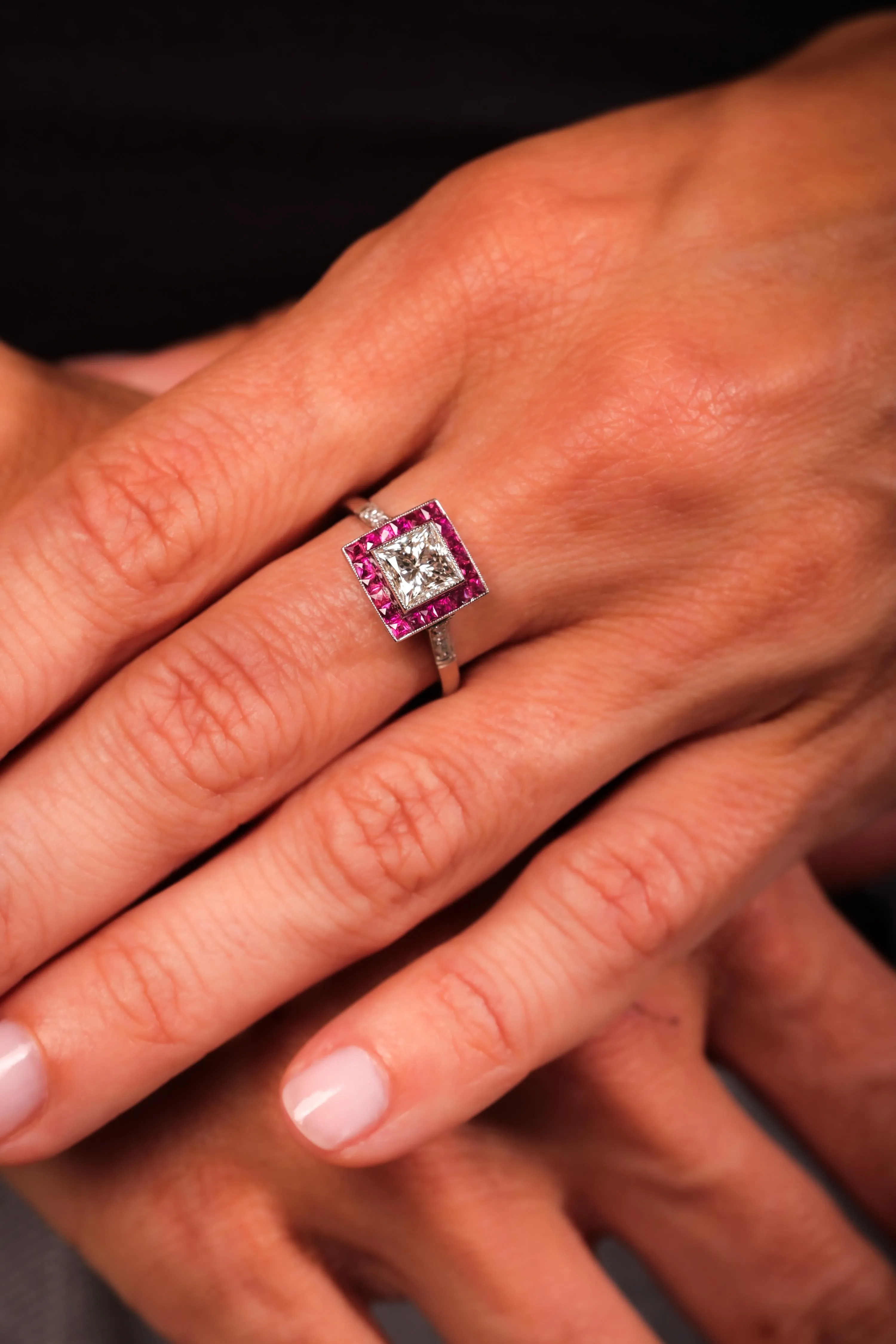 Art Deco Style Diamond Ruby Platinum Square Halo Ring