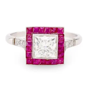 Art Deco Style Diamond Ruby Platinum Square Halo Ring