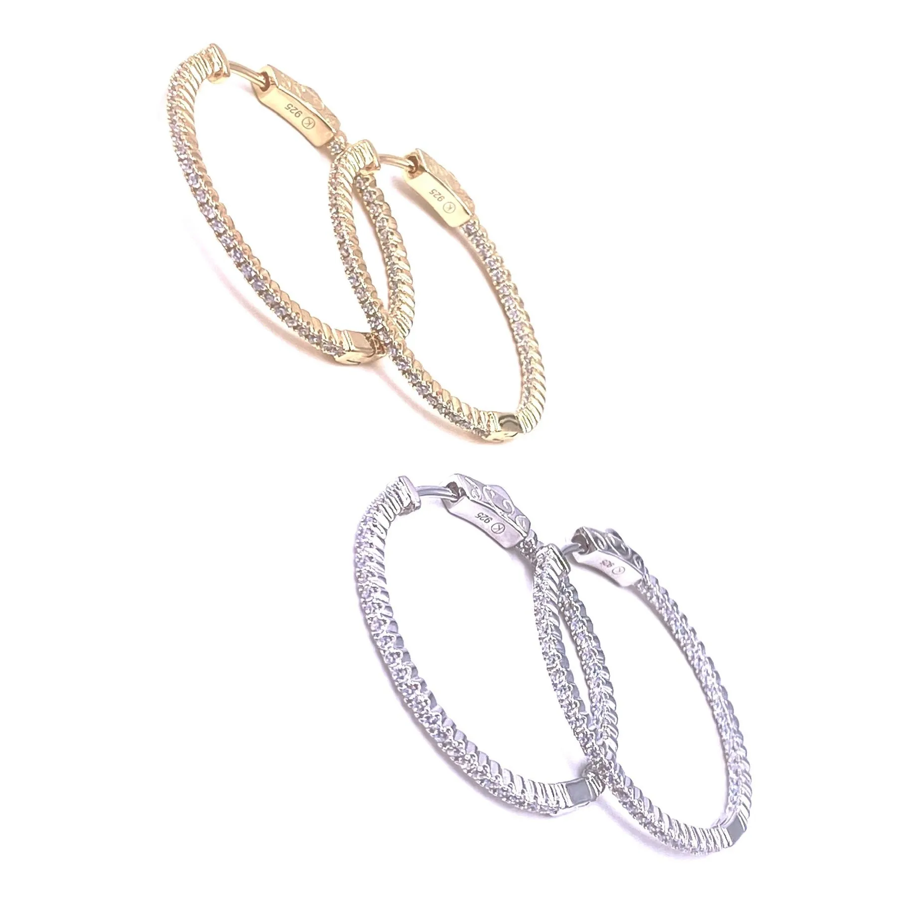 Ashley Gold Sterling Silver 1" Inside/Outside CZ Hoop Earrings